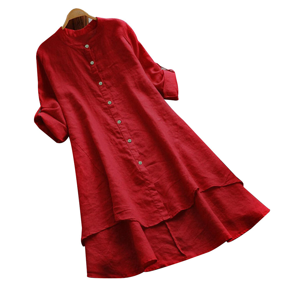 Womens Solid Ruffel Pleated Shirt Dress Long Sleeve Round Neck Casual Dress US