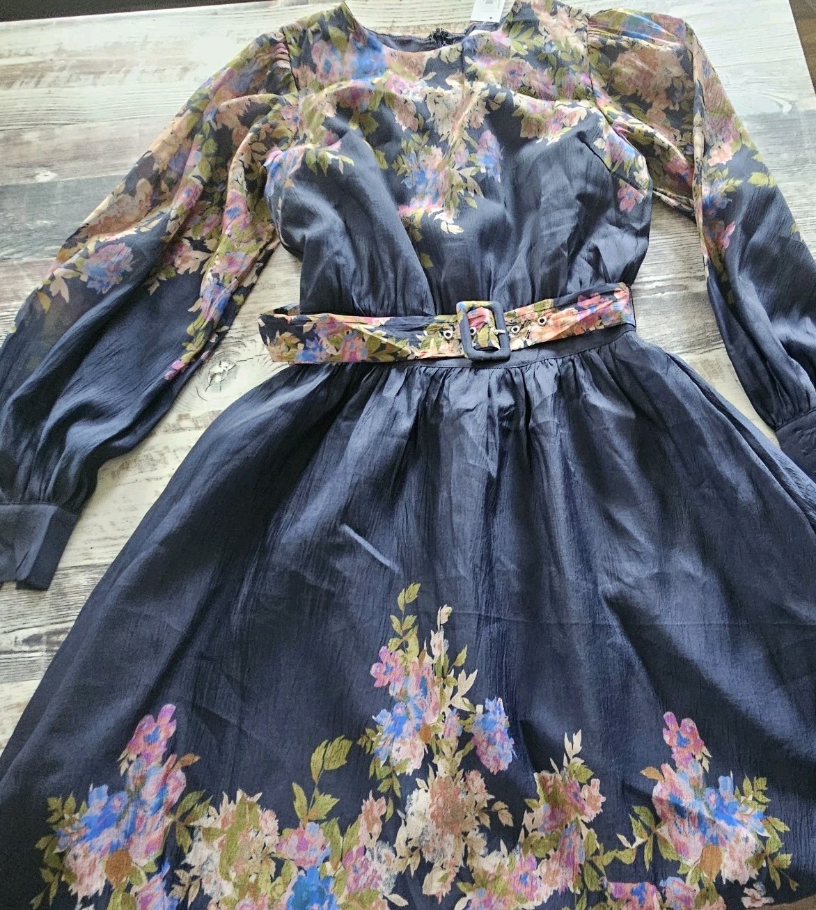 Flying Tomato Women’s Size M Woven Midi Dress Vibrant Floral On Navy Blue