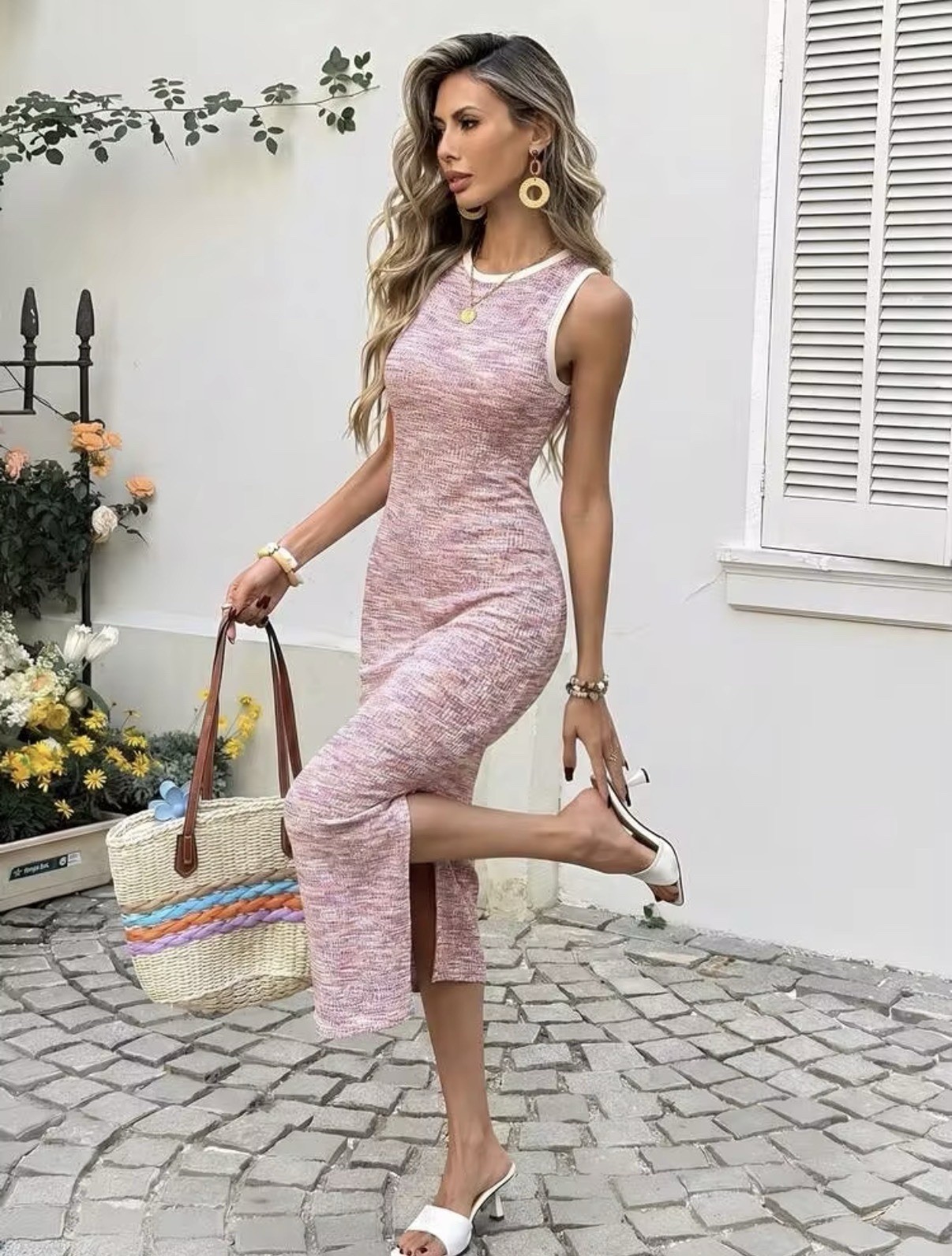 Old Navy Pink Heathered Rib Knit Bodycon Midi Dress XS Petite Sleeveless