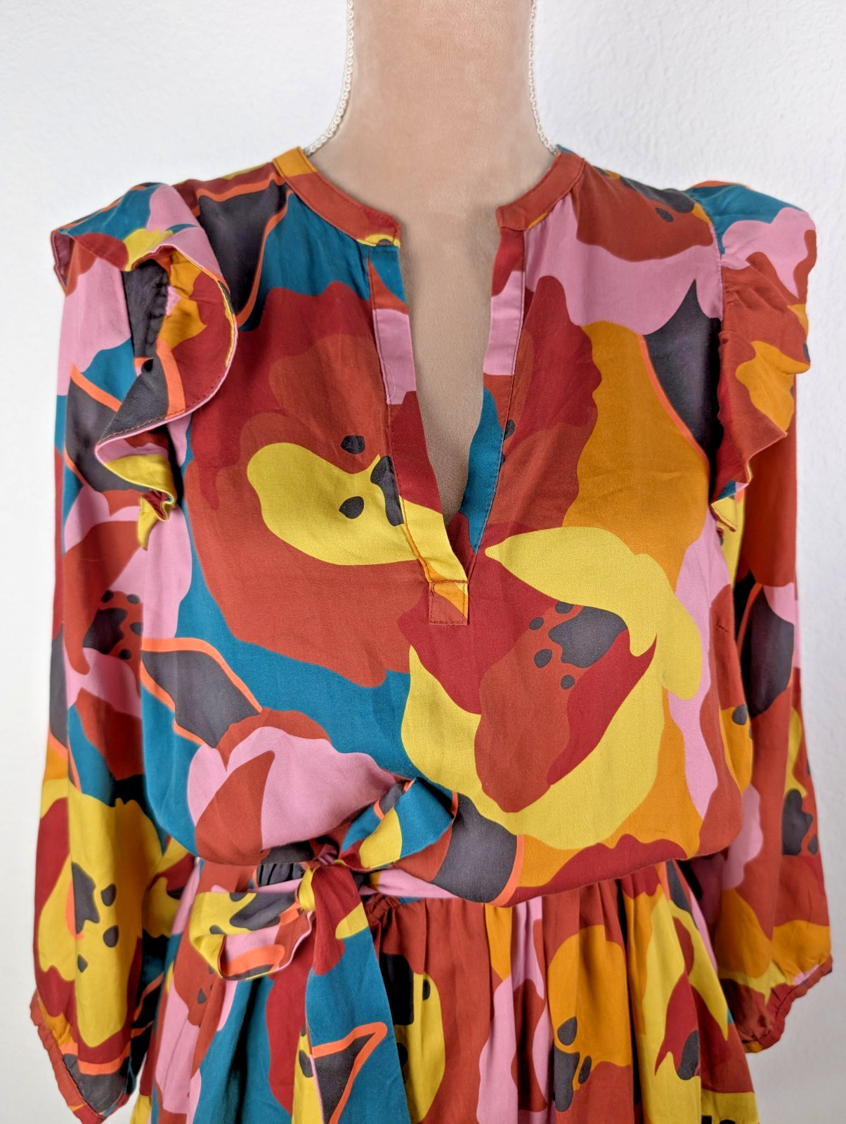 Marine Layer Elise Exploded Floral Mini Dress Tiered Ruffle Sz L Colorful Art