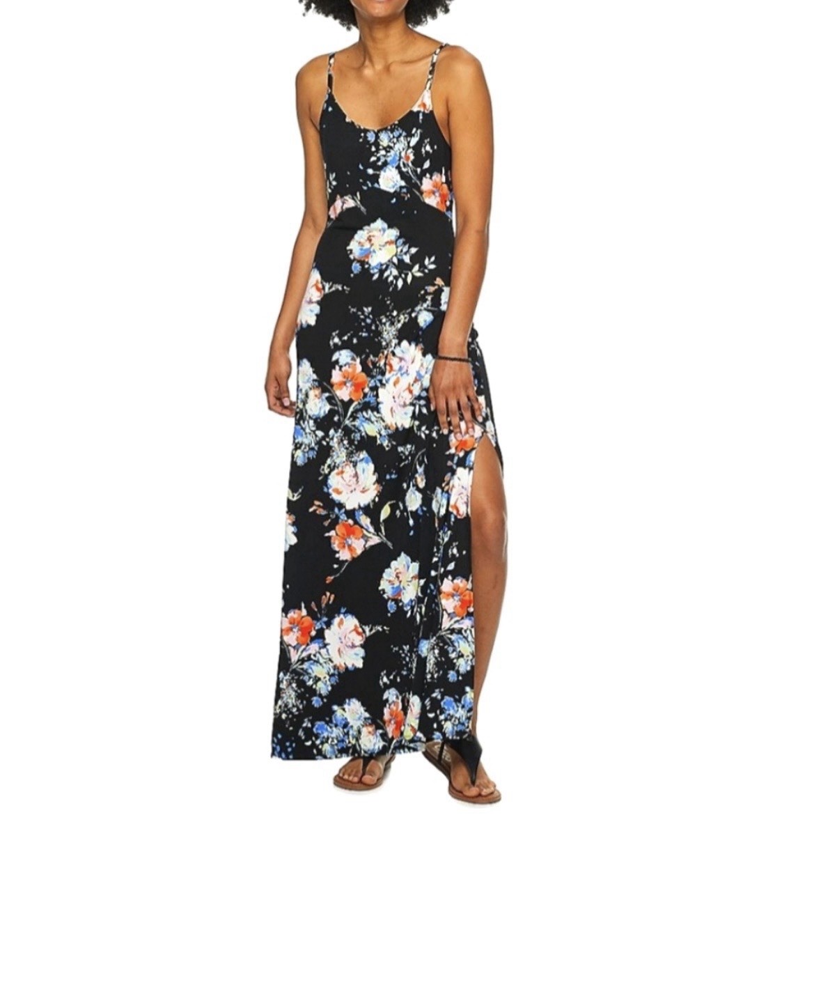 Black Multicolor Floral Maxi Dress Scoop Neck Spaghetti Strap Side Slit M