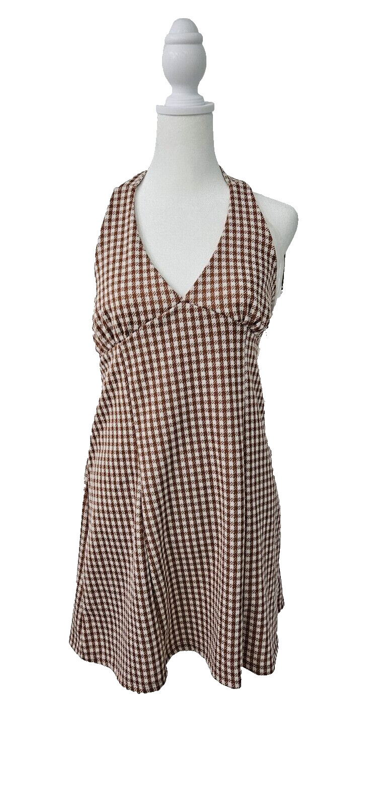 Originality Brick/Cream Check Halter Dress V Neck Tie back, Stretch, XL USA NWT