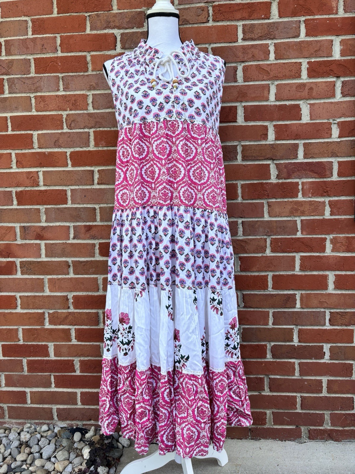 Chelsea & Theodore Sleeveless Patchwork Floral Print Tiered Maxi Dress XS Boho