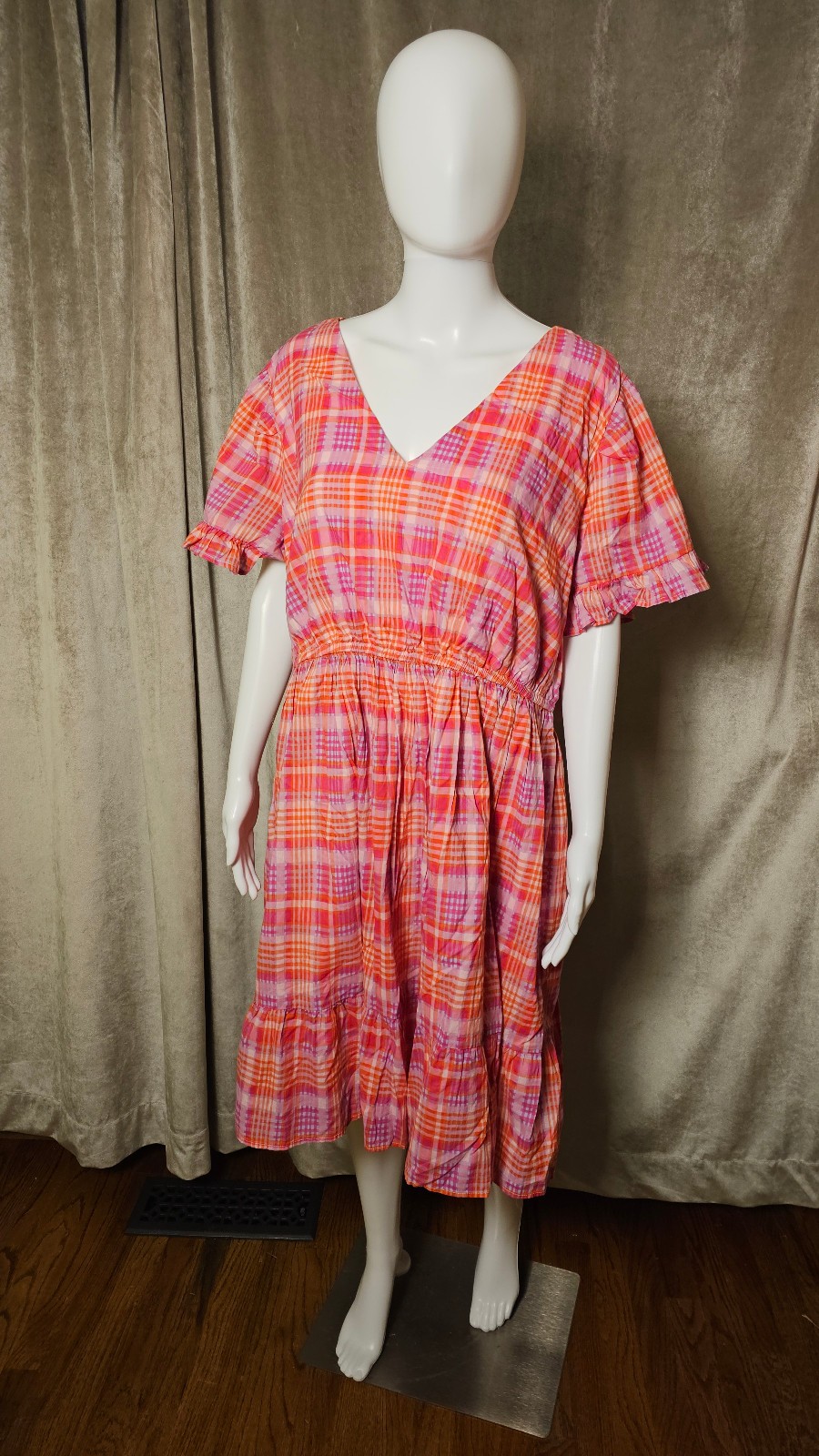 NWT Terra & Sky Pink Orange Plaid V-Neck Midi Dress 2X (20W–22W) Cotton Plus