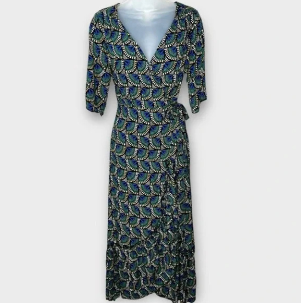 Journey Maxi Wrap Dress African Peacock Print Green Blue