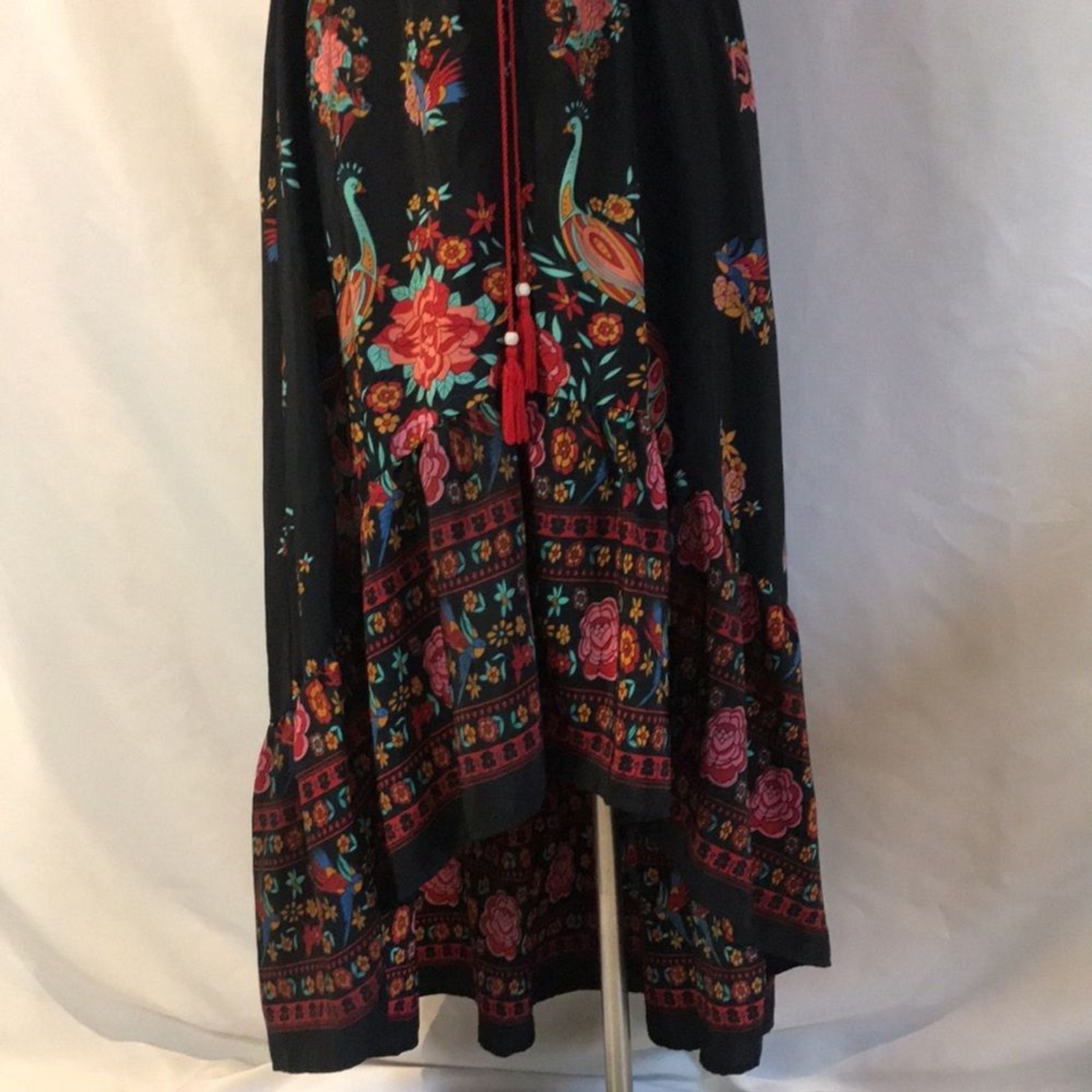Black floral peacock colorful print short sleeves hi-low maxi dress boho gypsy M