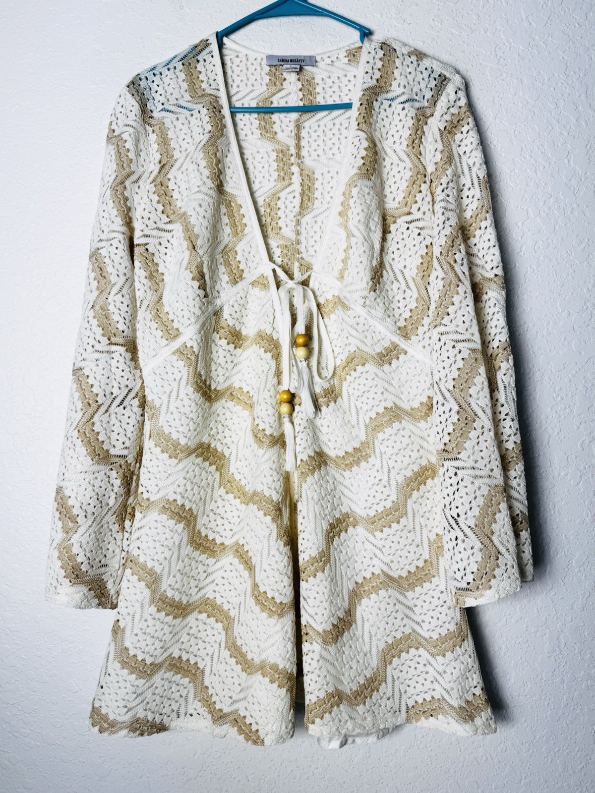 Sabina Musayev Crochet Mini Dress Coverup Tassel Tie Size Large Cream Tan