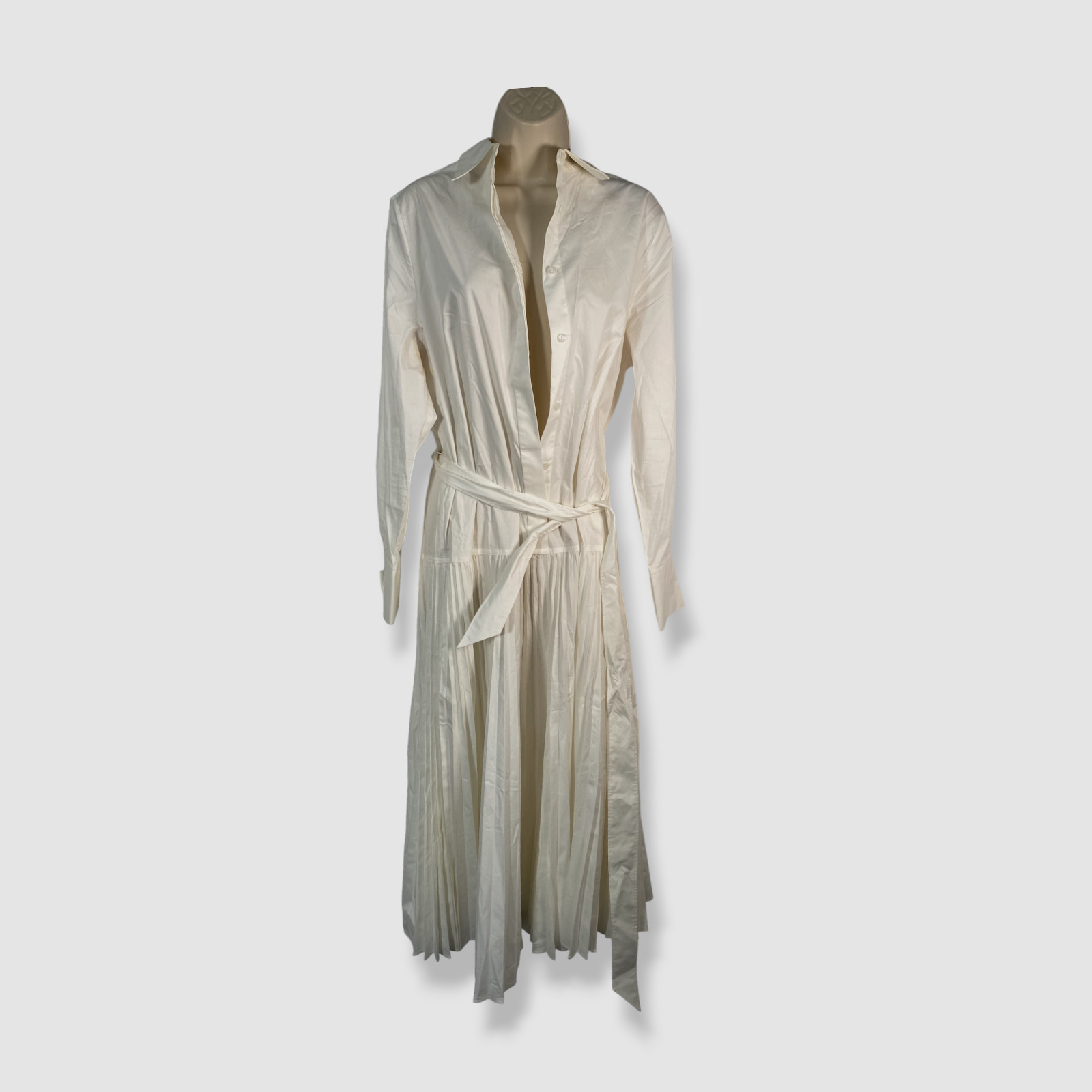 $695 Halston Women White Raina Pleated Point Collar Midi-Dress Size 8