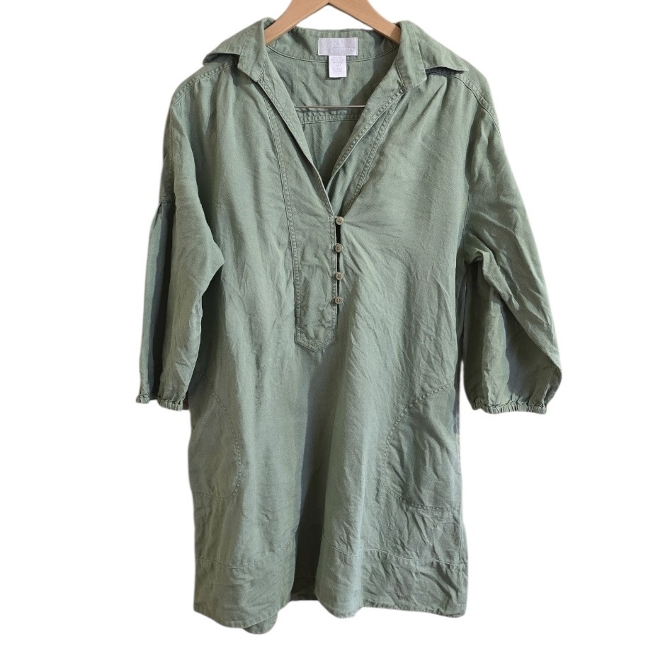 Soft Surroundings Sage Green 3/4 Length Sleeve 100% Linen Dress. Size Medium
