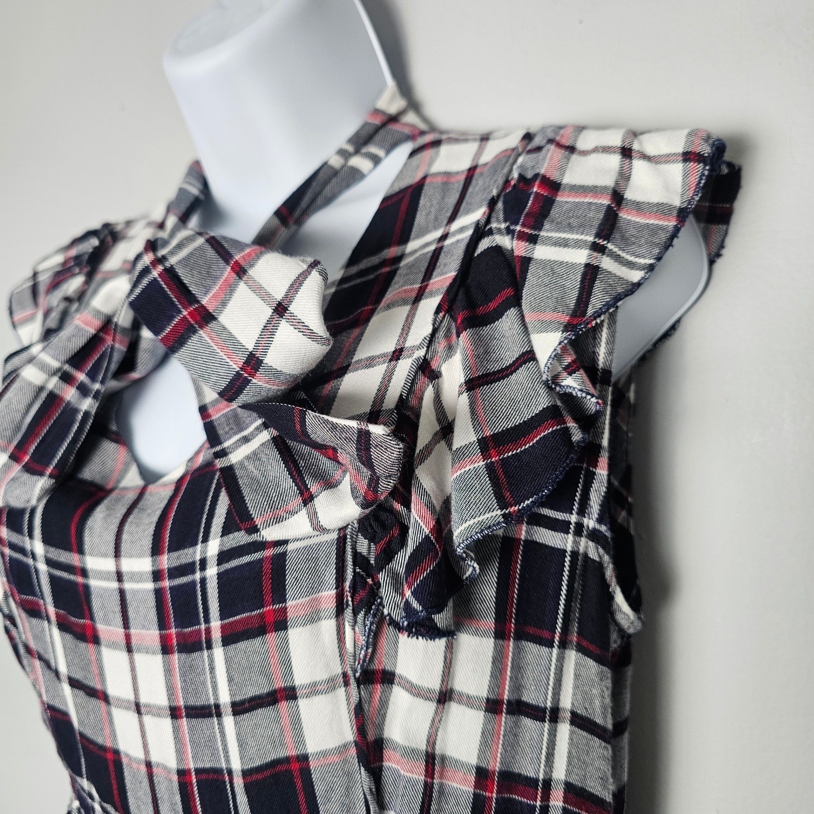 AQUA Plaid Ruffle Tie Neck Mini Dress Women S Red Navy White Rayon Academia Y2K