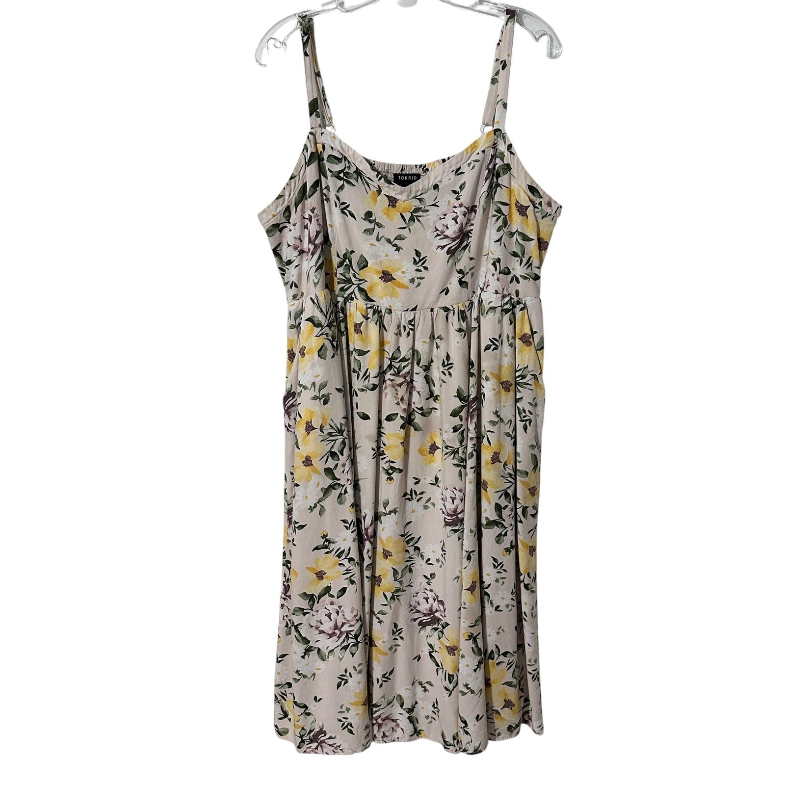 Torrid Midi Skater Dress Womens Size 2X Ivory Yellow Floral Cottagecore Challis