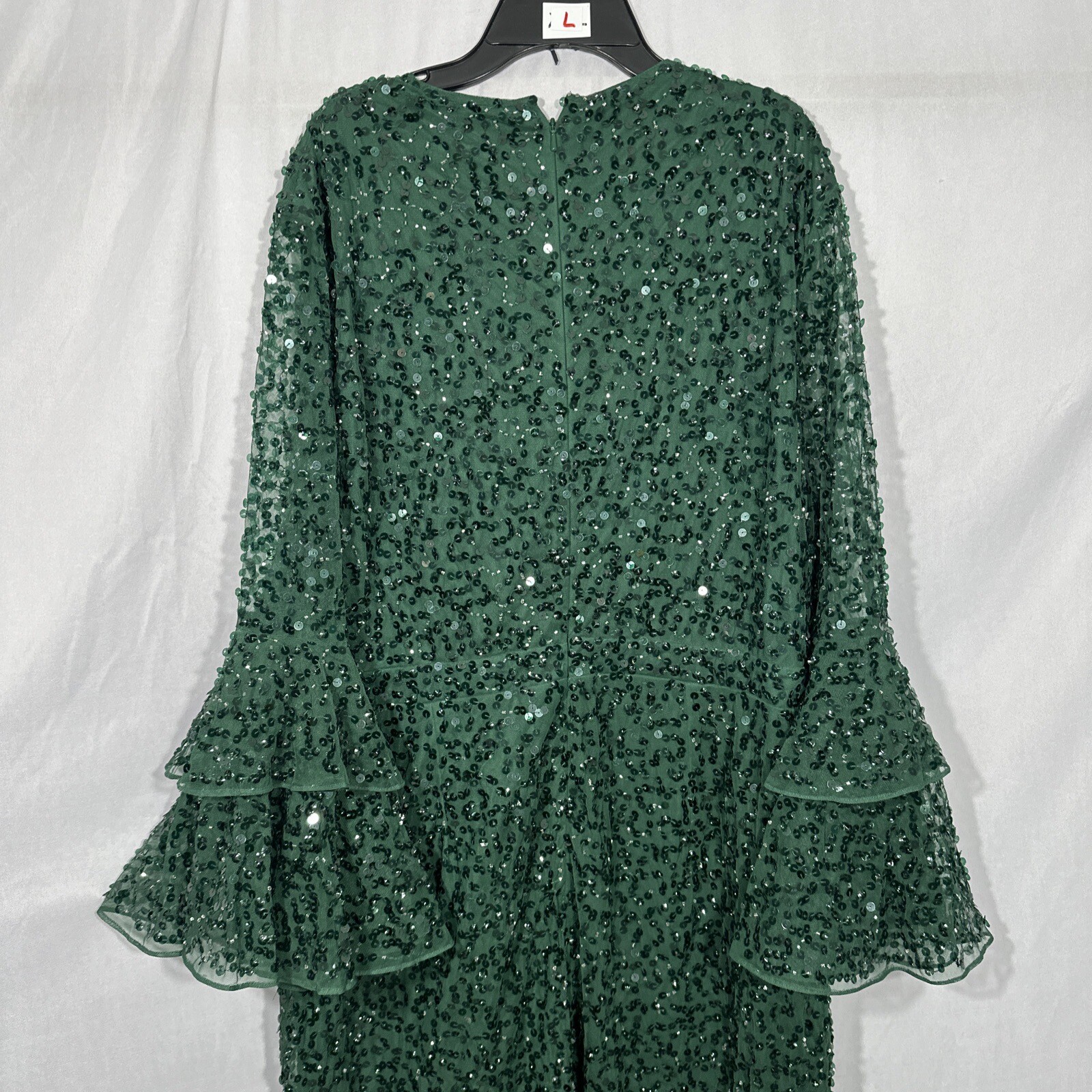 NWT $458 Mac Duggal [ 18 ] Sequined Ruffle Tiered Midi Dress Emerald #G1281