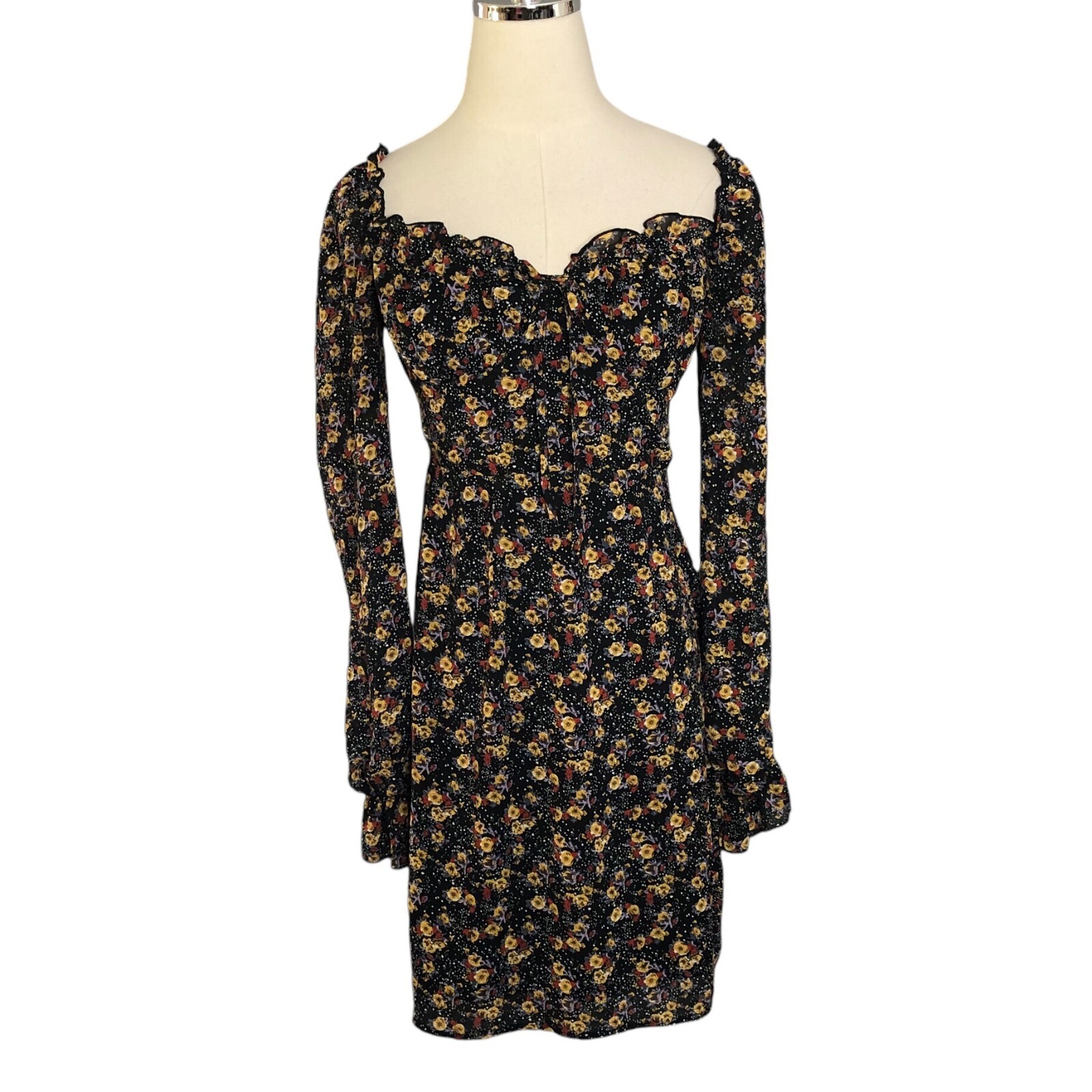 Nasty Gal Dress Size 0 Black Gold Red Floral Bodycon Ruffled Sweetheart Neckline