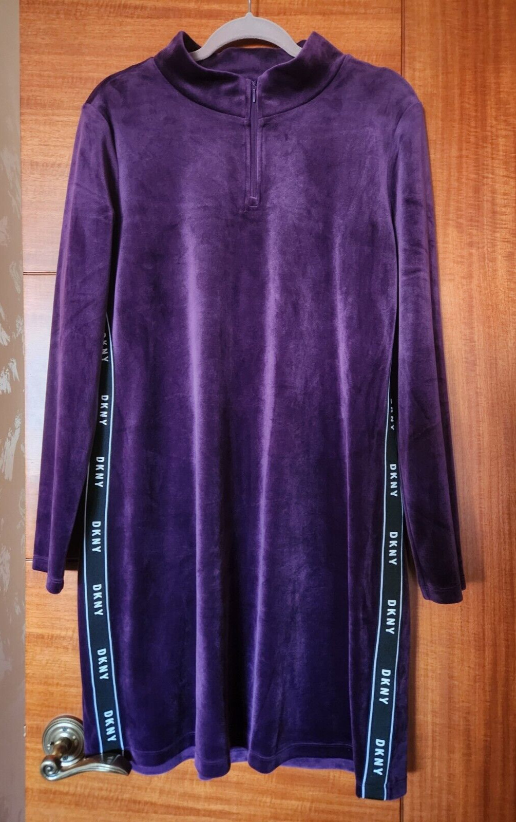 New DKNY Purple Velour Stand up Collar with Short Zipper and Logo dress, Size XL