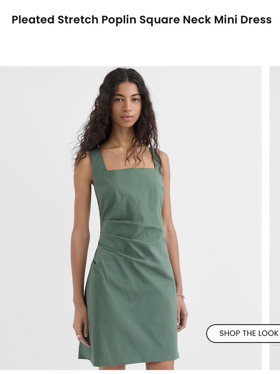 LOFT Olive Green Pleated Stretch Poplin Square Neck Ruched Mini Dress, size 6P