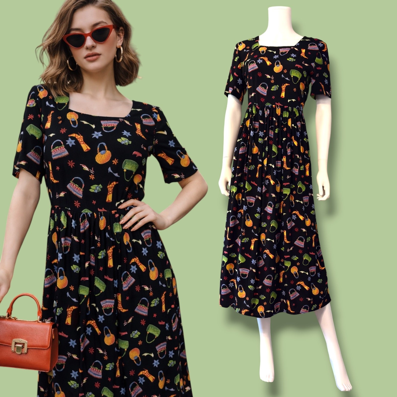 Vtg 90s Coldwater Creek Shoe Purse Print Dress Size S/M Black Whimsical Novelty