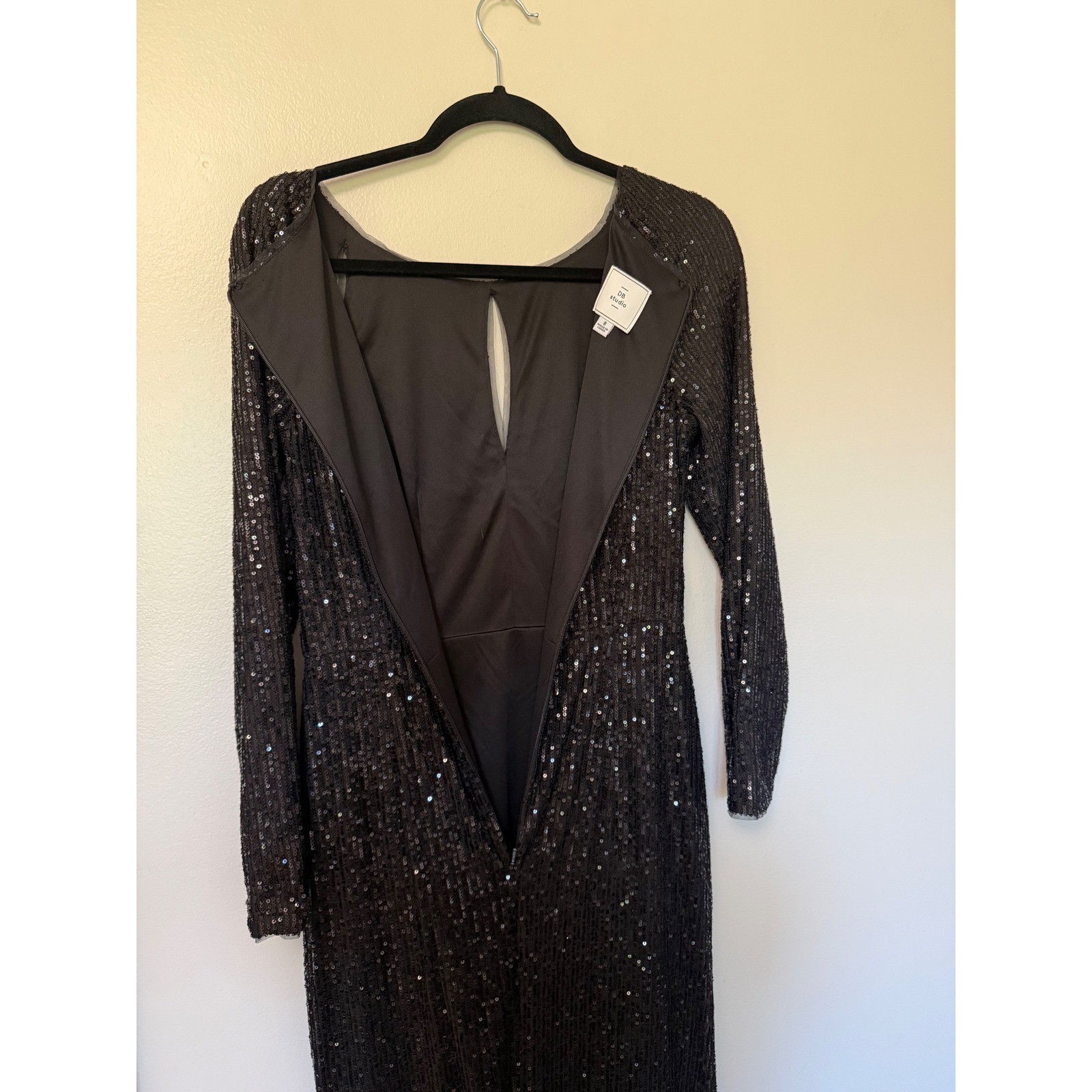 Black Sequin Long Sleeve Maxi Dress Shoulder Cut Out Side Slit Formal Gown