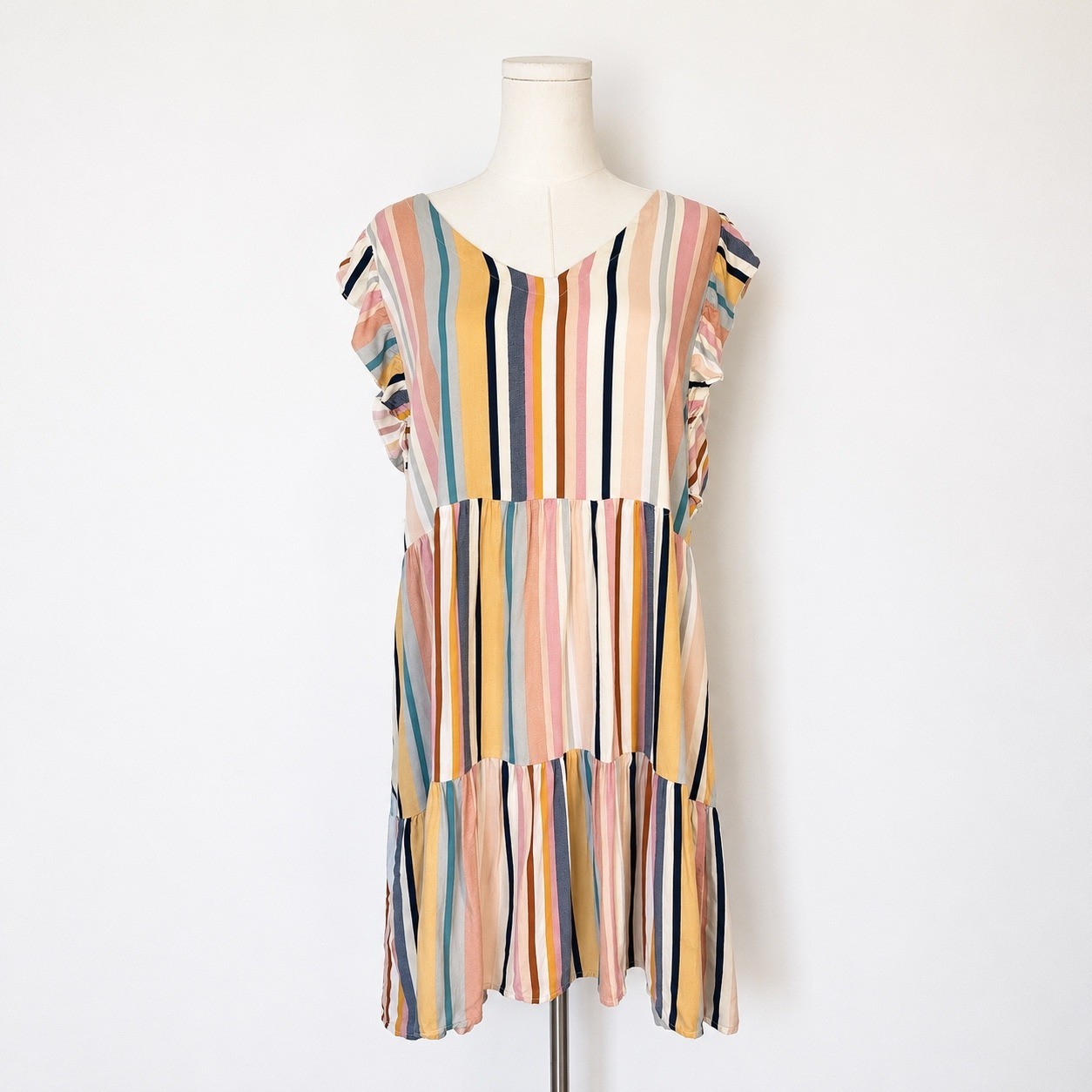 Chances R XL Pastel Rainbow Stripe Tiered Ruffle Sleeve Swing Dress Cottagecore