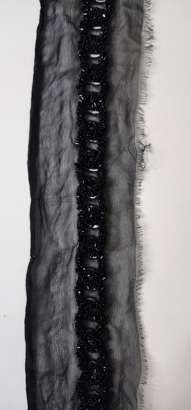 Handmade Custom Designer Black Beaded Lace Trim on Sheer Silk – 33″ Couture