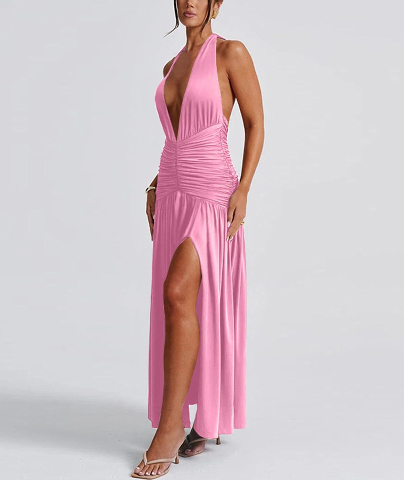 Ekaliy Womens Sexy Halter Deep V Neck Maxi Dress Sleeveless Pink Size S