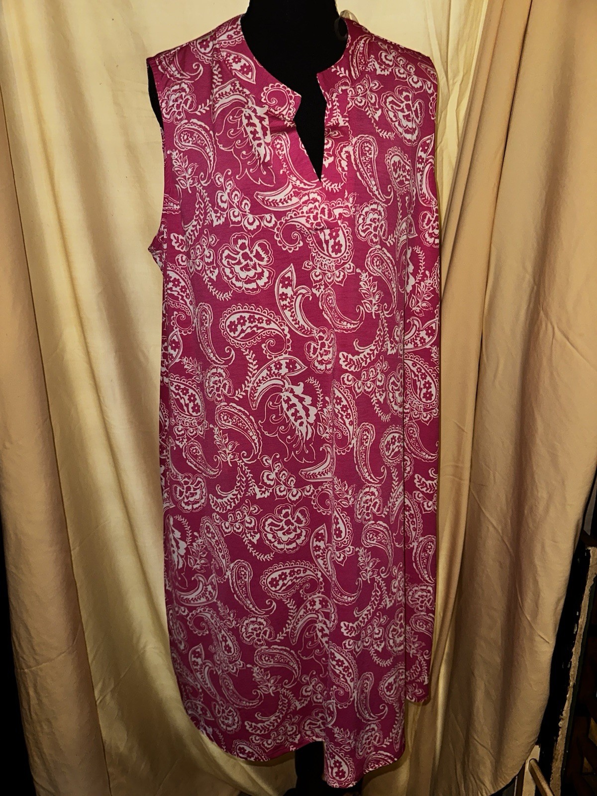 Dear Scarlett Women’s XL Pink White Paisley Shift Dress Split Neck Pockets