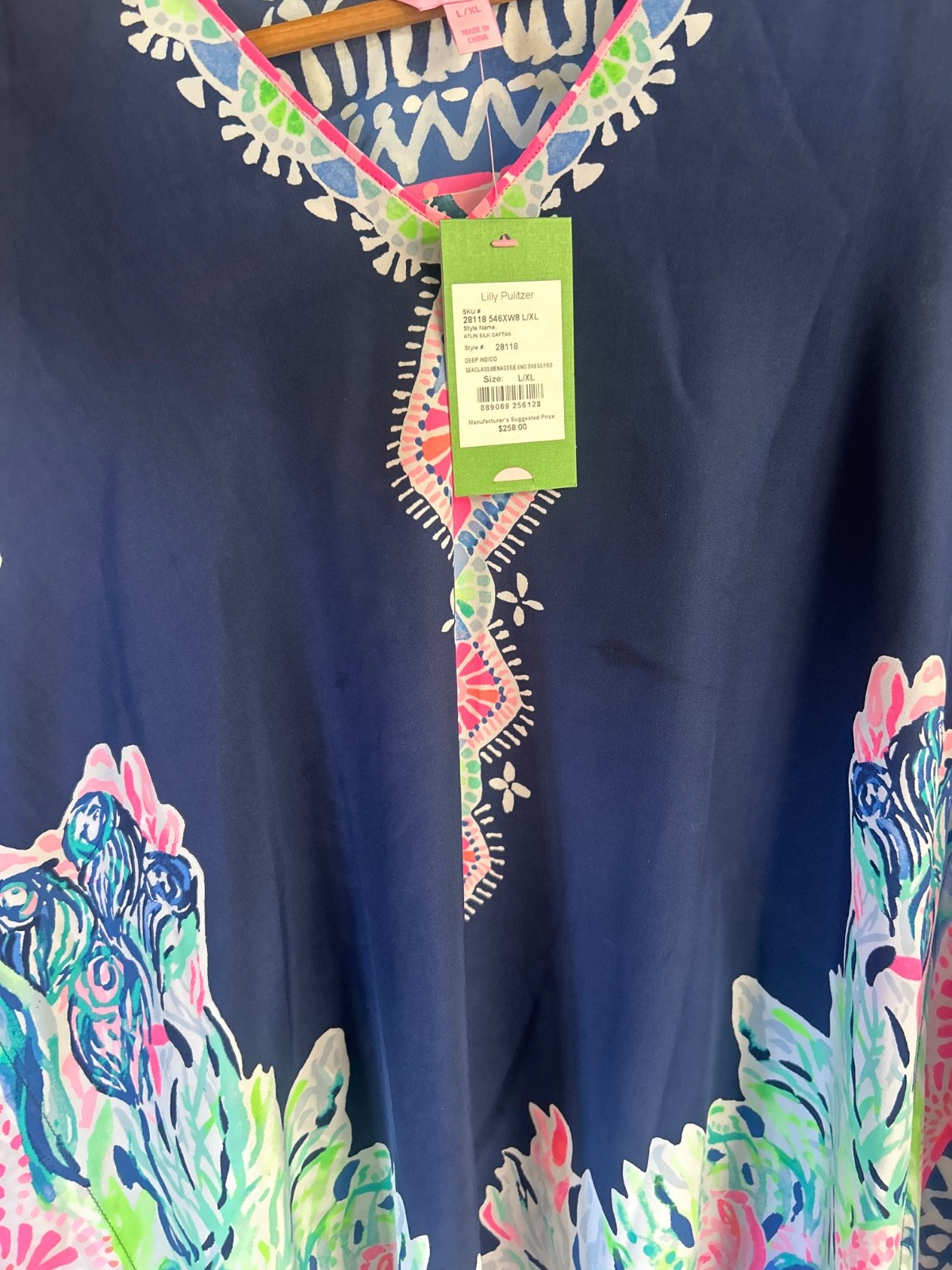 Lilly Pulitzer Atlin Silk Caftan Seaglass Menagerie Indigo L/XL NWT (09050D)