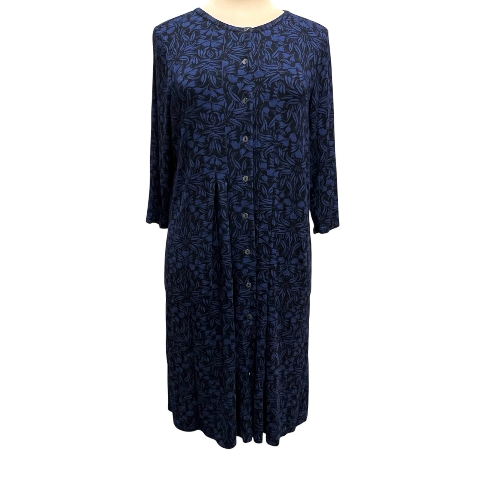 J.Jill Soft Knit Jersey Dress Size Medium Blue Black Print Pockets Button Front