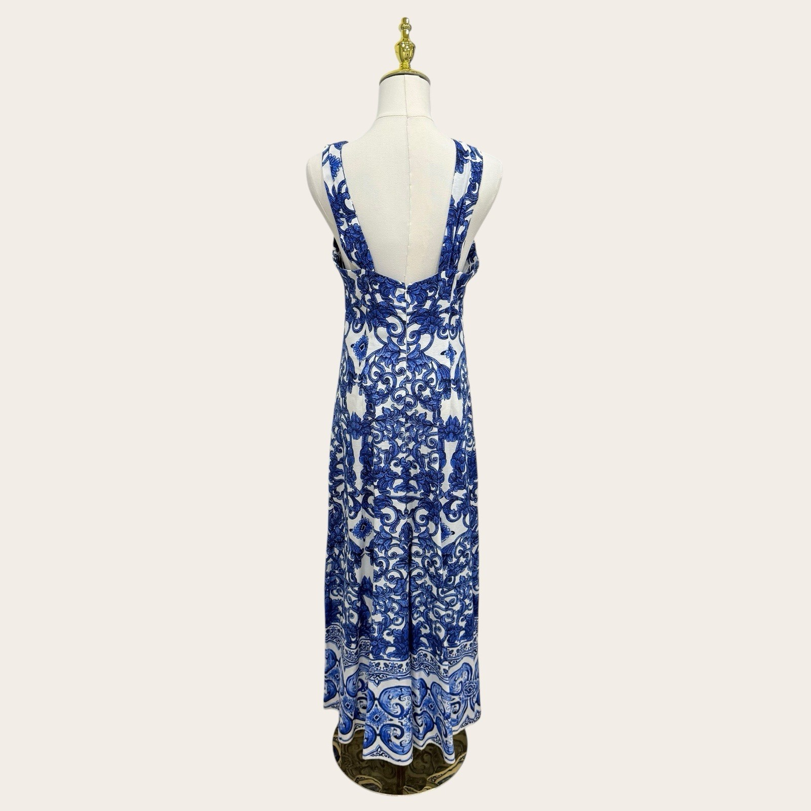 Antonio Melani Bronwyn Blue Tile Print Linen Blend A-Line Halter Maxi Dress SZ 4