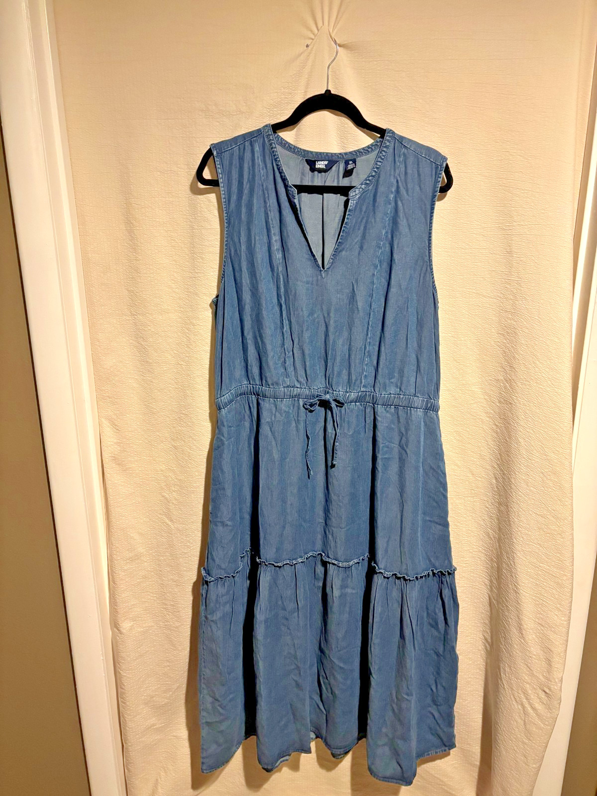 Lands End Denim Chambray Maxi Dress XL Sleeveless Tiered Boho Festival Western