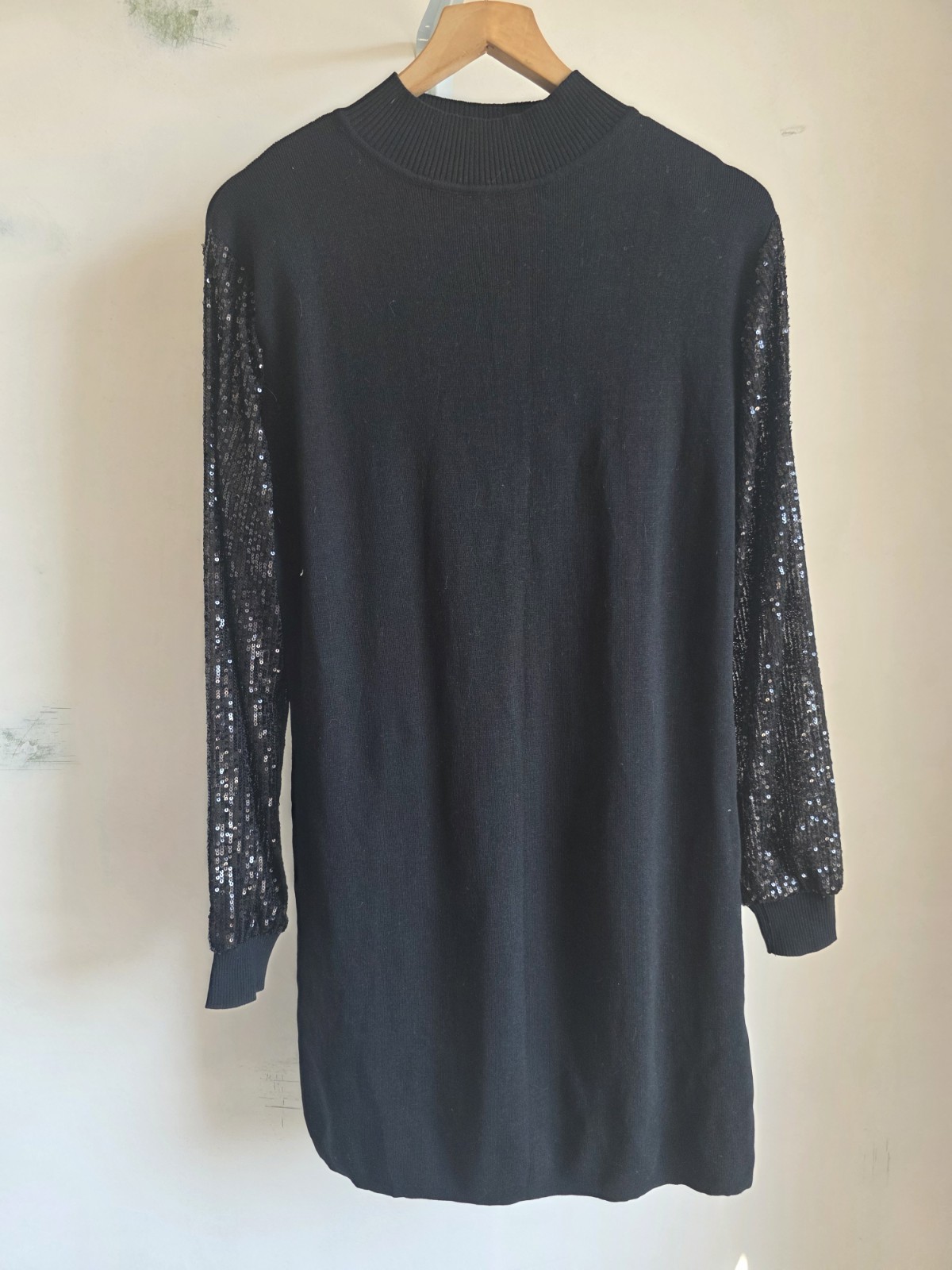 LAETITIA MEM Black Sequin Sleeve Jumper Dress Tunic Size UK 12 Party Sparkle y2k