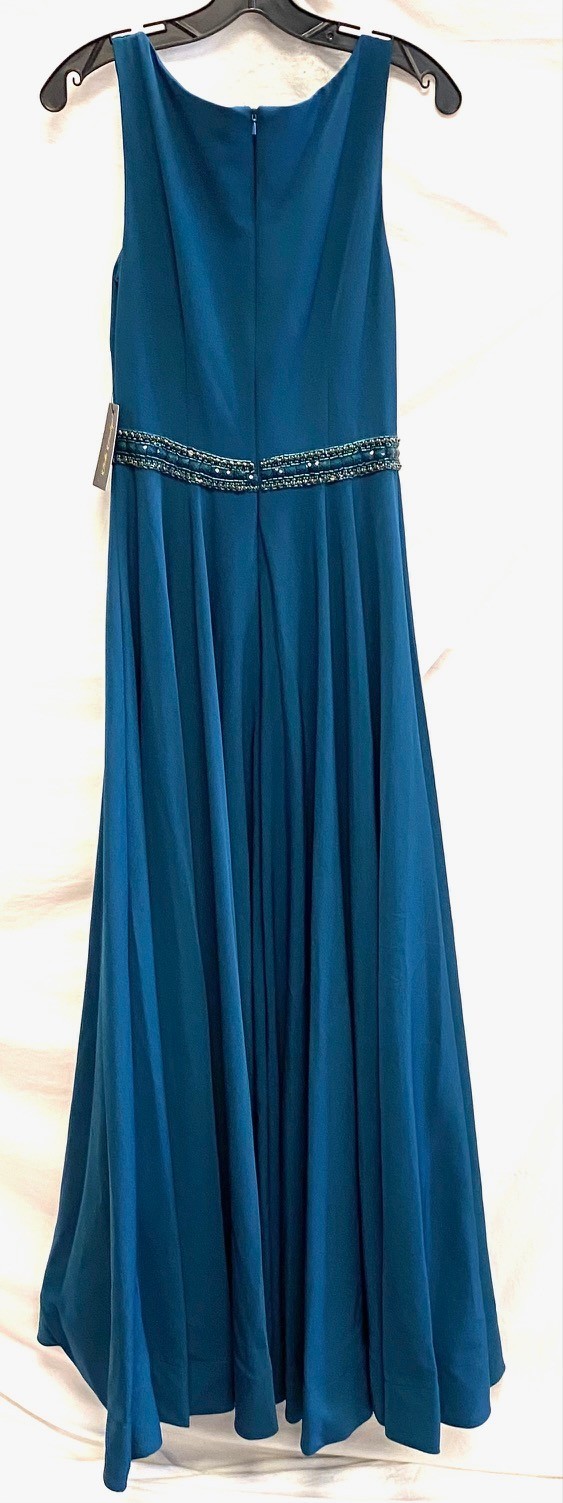 IEENA by MAC DUGGAL Teal Blue Green Beaded Waist A-Line Maxi Gown Dress 6 = S