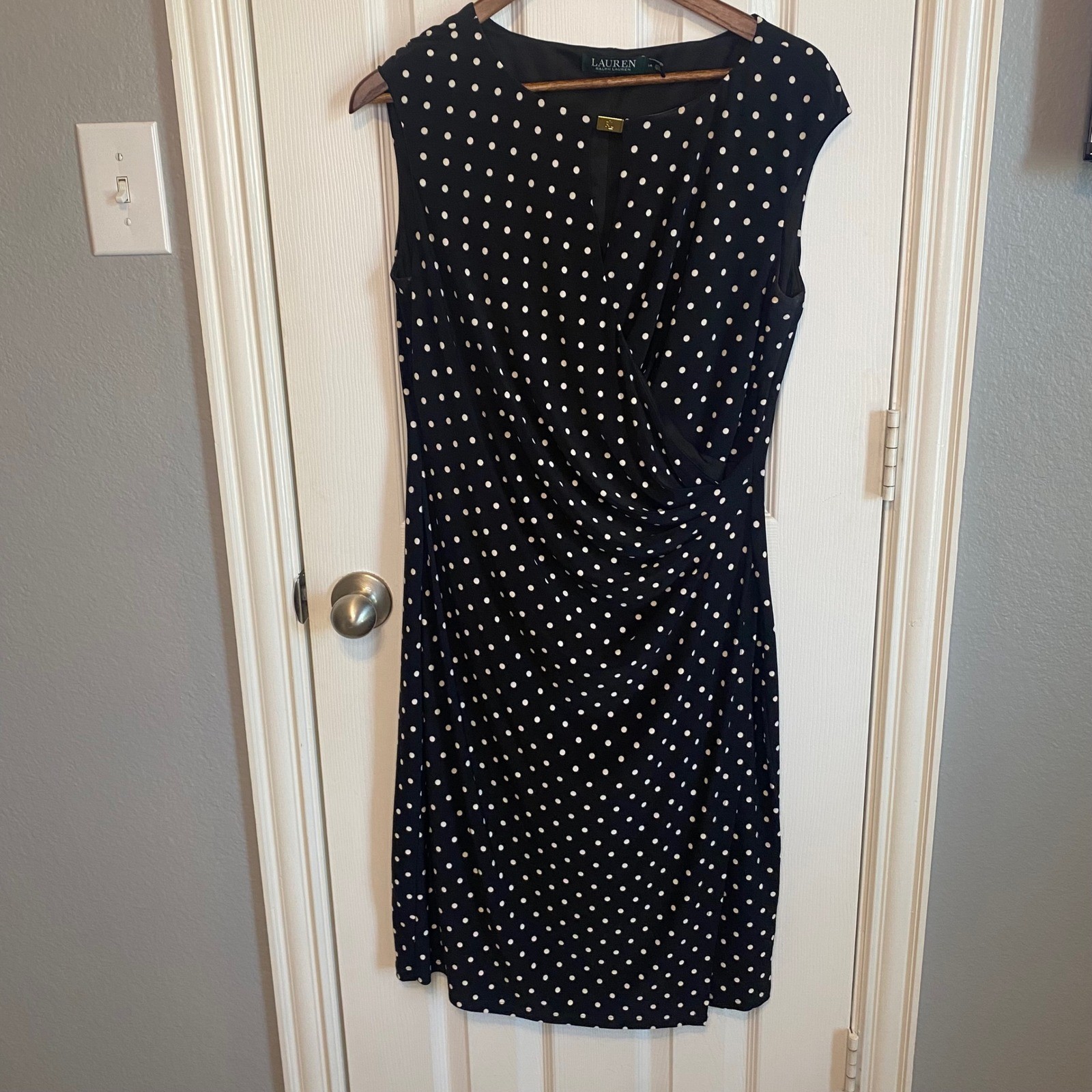 Lauren Ralph Lauren Polka Dot Faux Wrap Sheath Dress Black Size 14 Old Money