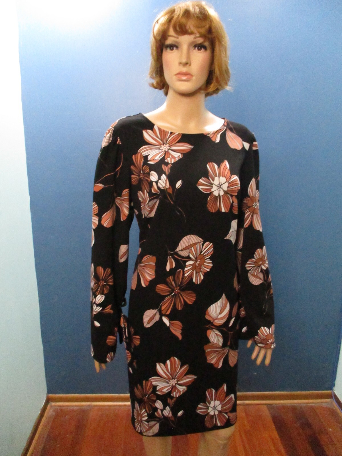 size 14 black and rust floral zip up knit sheath retro mod dress by NINE WEST