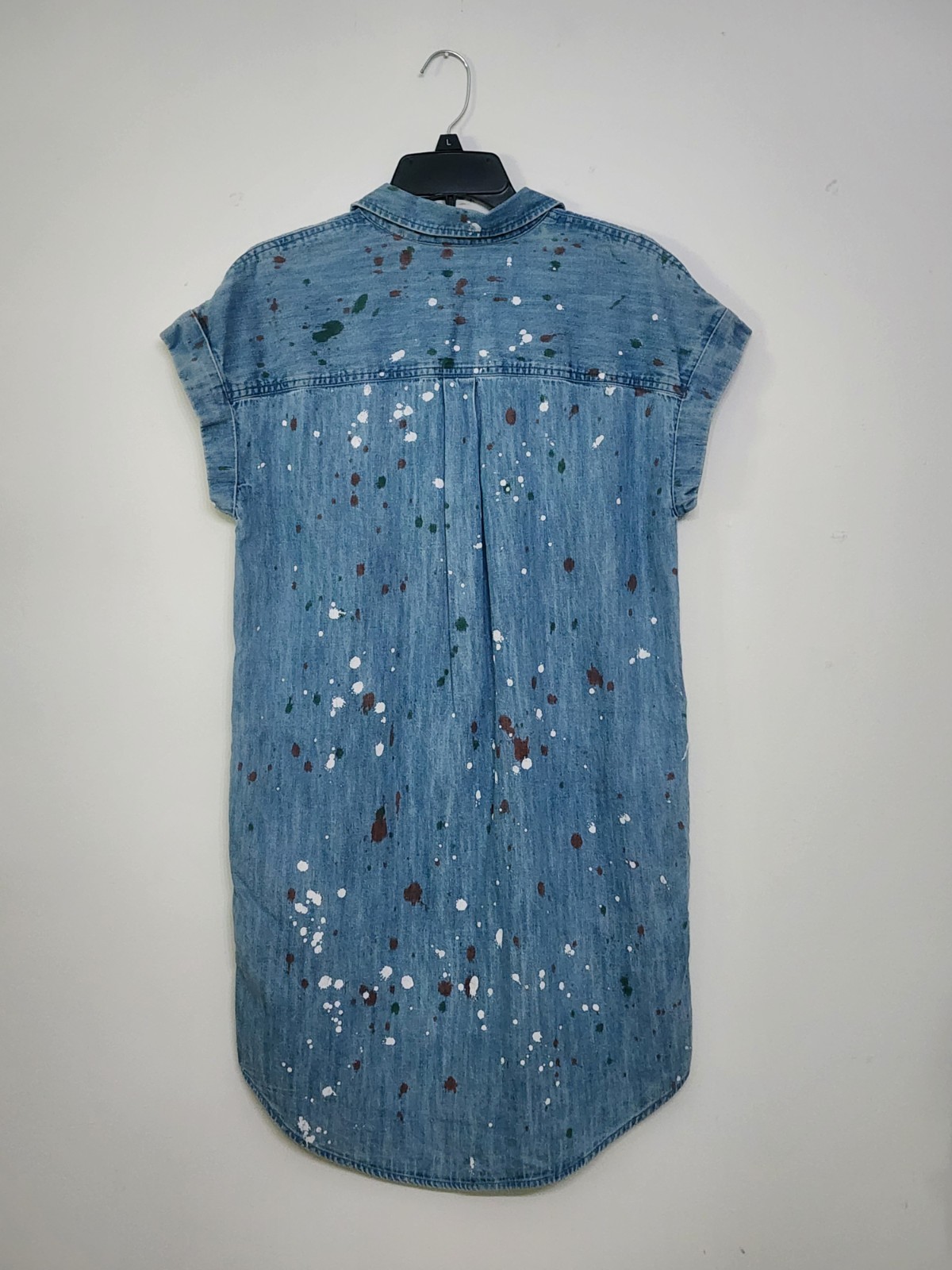 True Craft Distressed Paint Splatter Blue Denim Shirt Dress Pockets Women’s S
