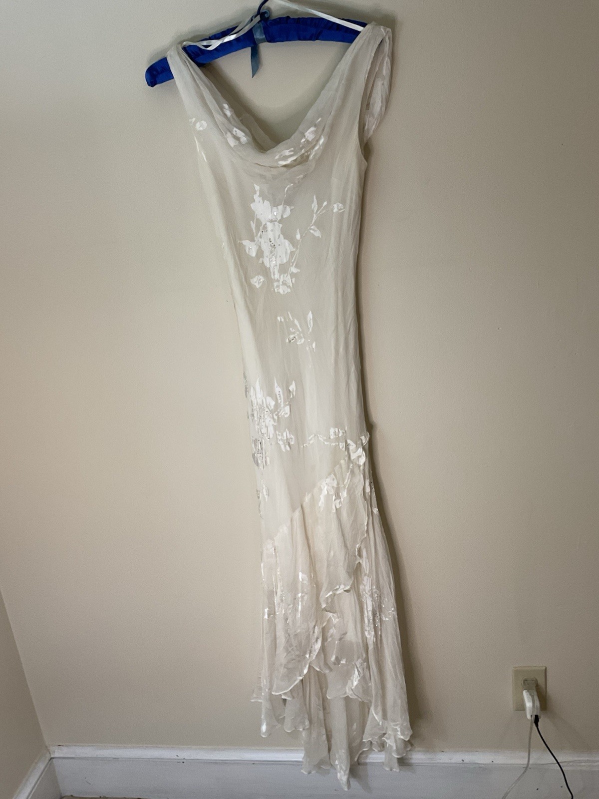 Alex Evenings Dress Silk Floral Beaded Sequin Asymmetrical Whimsical Fairy Cowl