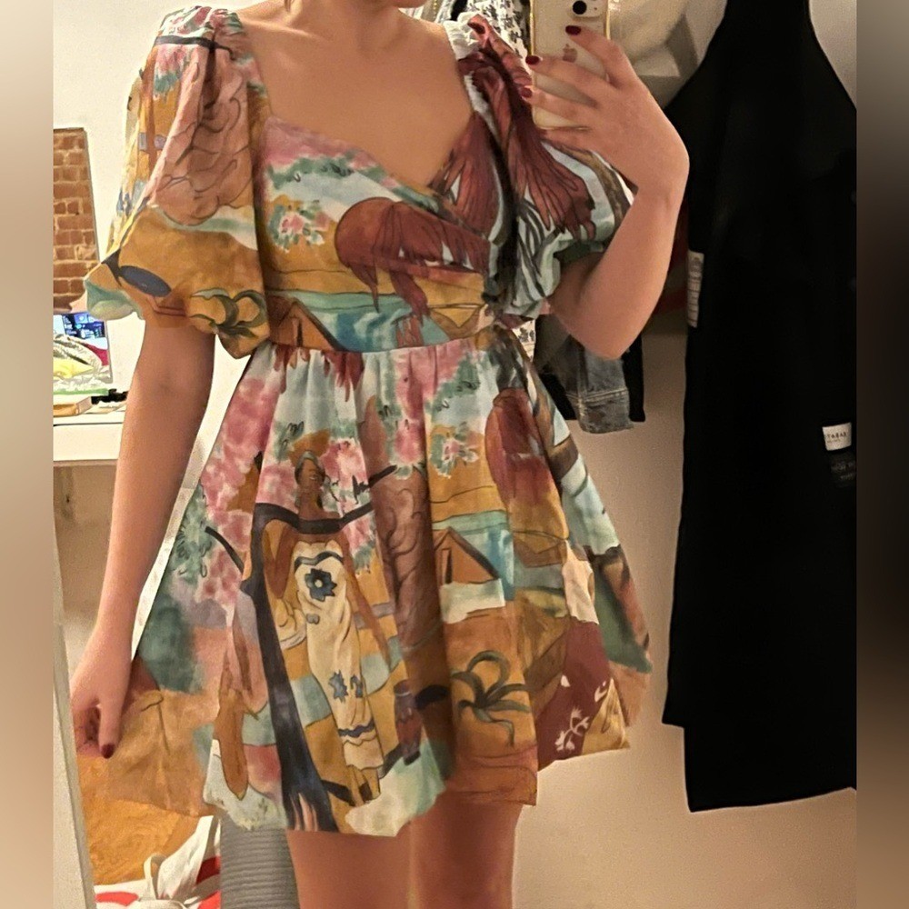 Mixed Print Cutout Skater Puff sleeve Dress small