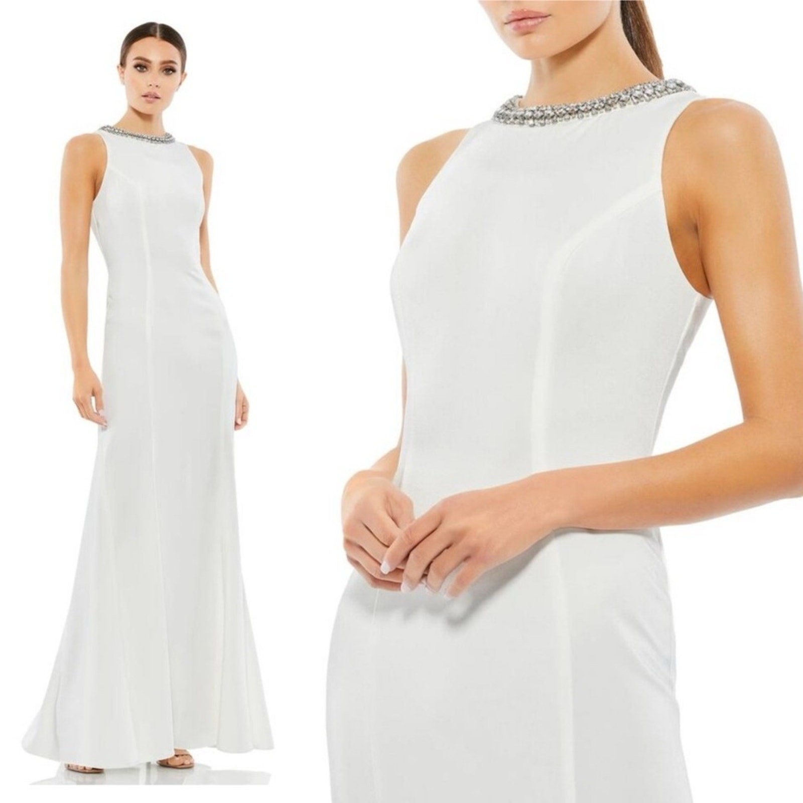 IEENA FOR MAC DUGGAL 49093 Embellished Rhinestone Neck Trumpet Gown White 2 NEW