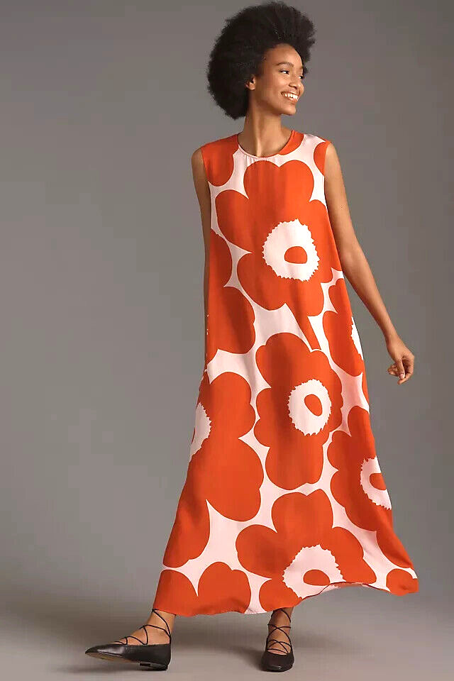 Marimekko Migot Unikko Midi Dress Anthropologie Pink Poppy Silky Sz M (36) 6 NEW