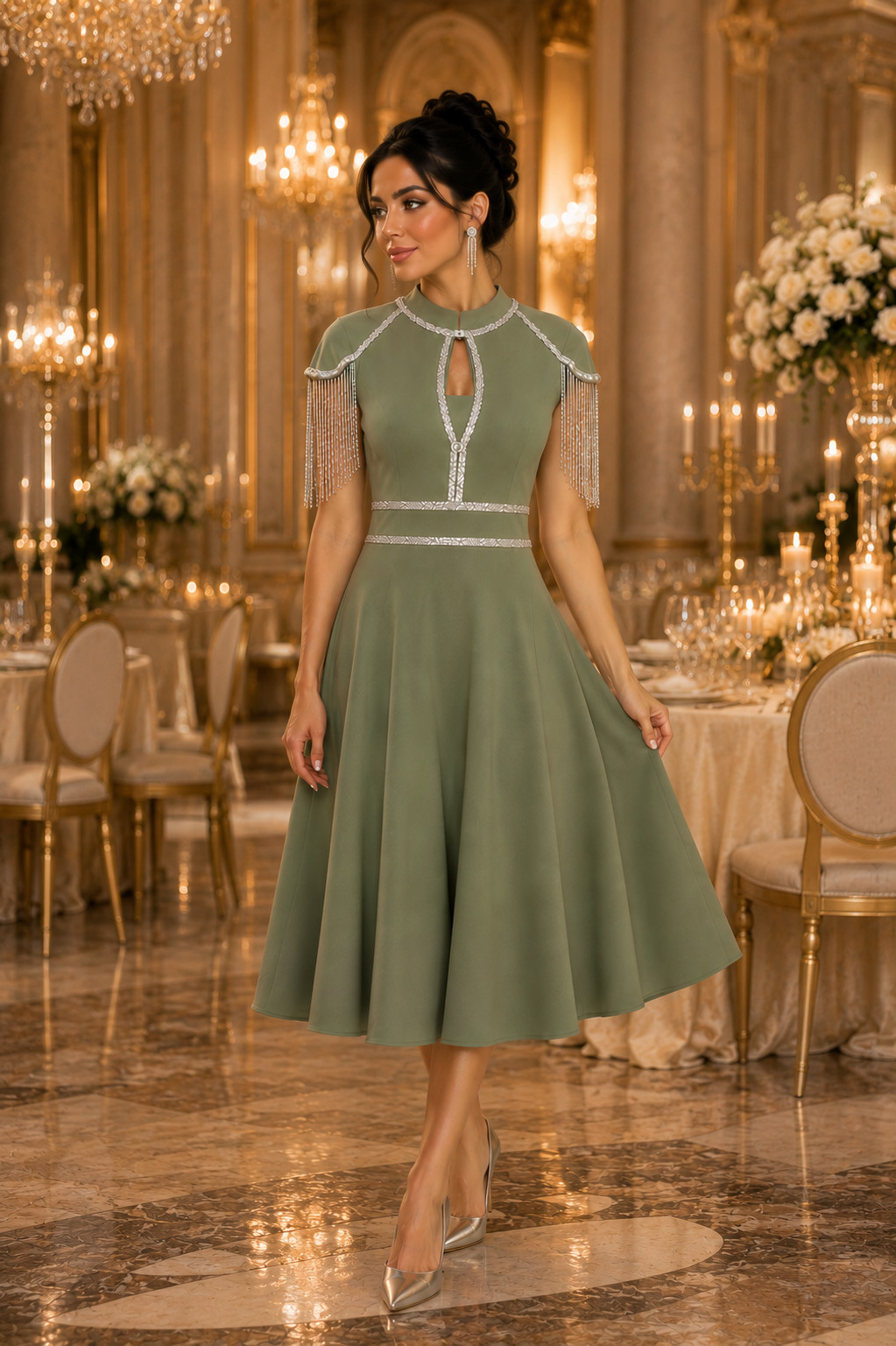 Sage Green Midi Evening Dress, Luxury Cocktail Dress, Crystal Fringe Party Dress