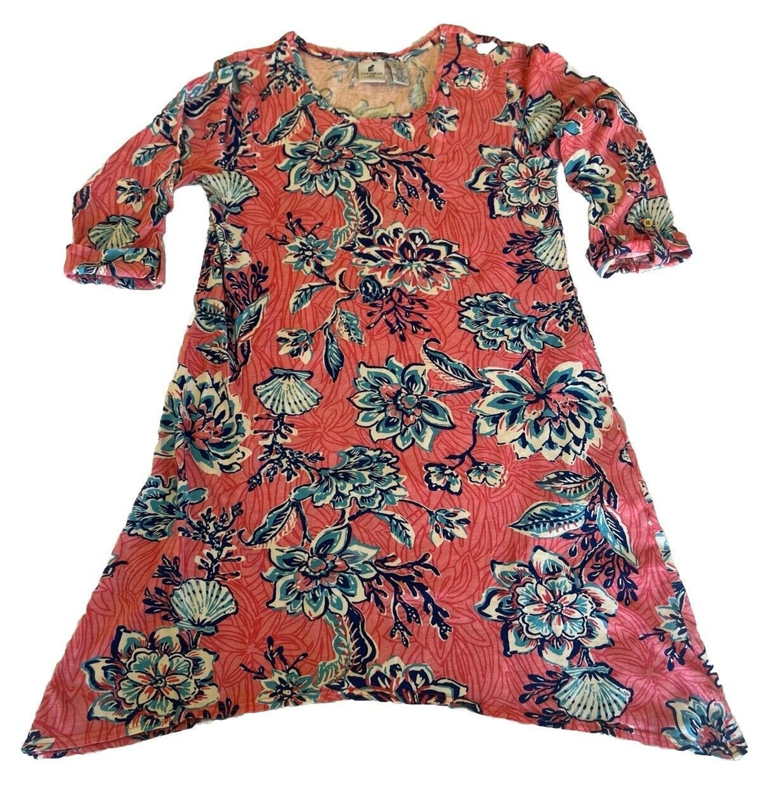 Caribbean Joe Dress 3/4 Rolled Sleeve Size Small Blue Pink Floral Cotton Blend