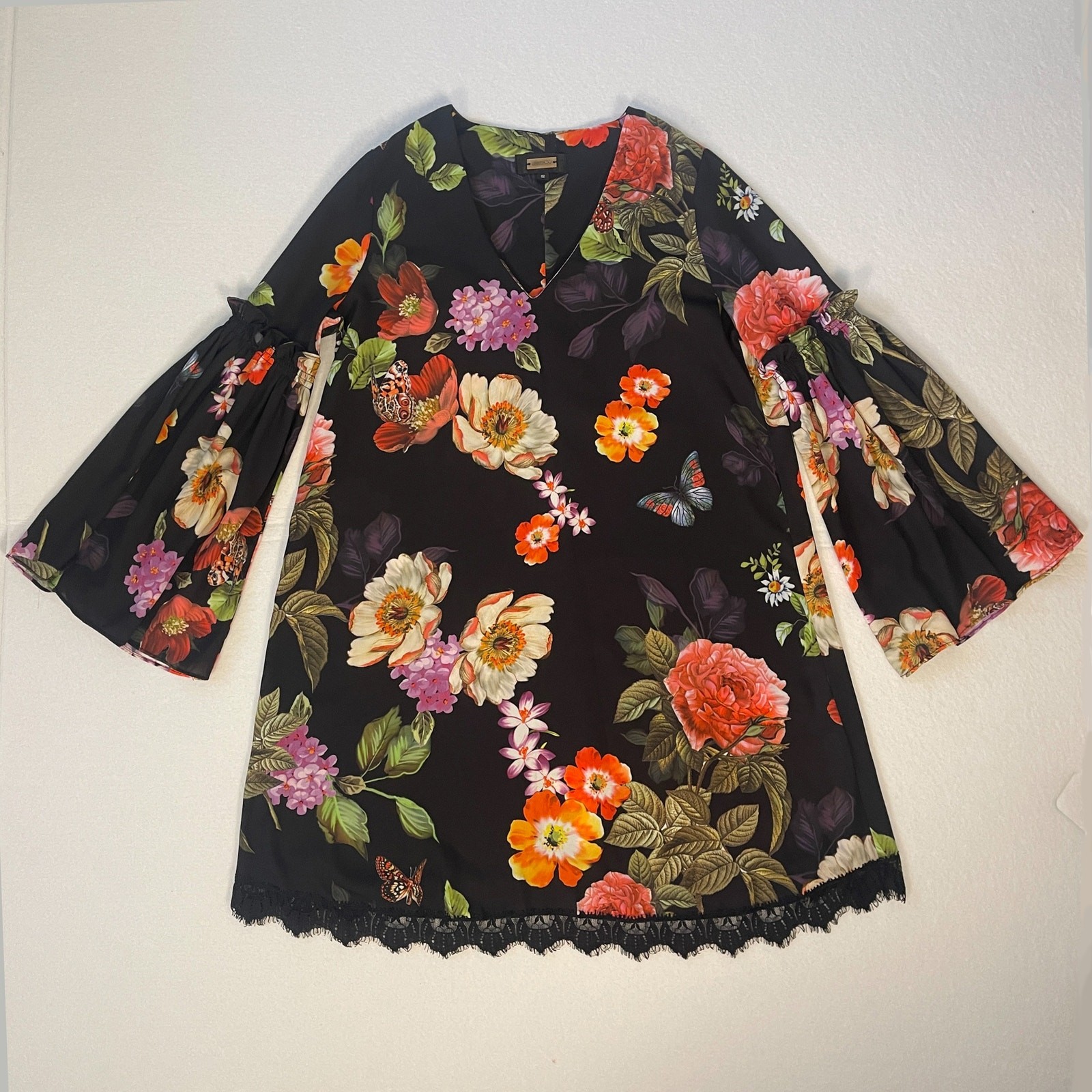Alexia Admor Floral Butterfly Mini Dress Bell Sleeve Lace Hem Black Size S