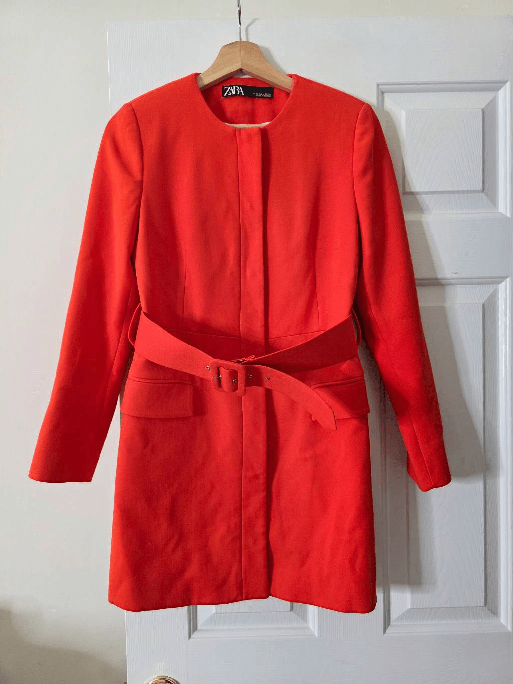 Zara Bold Red Belted Collarless Lined Blazer Dress M