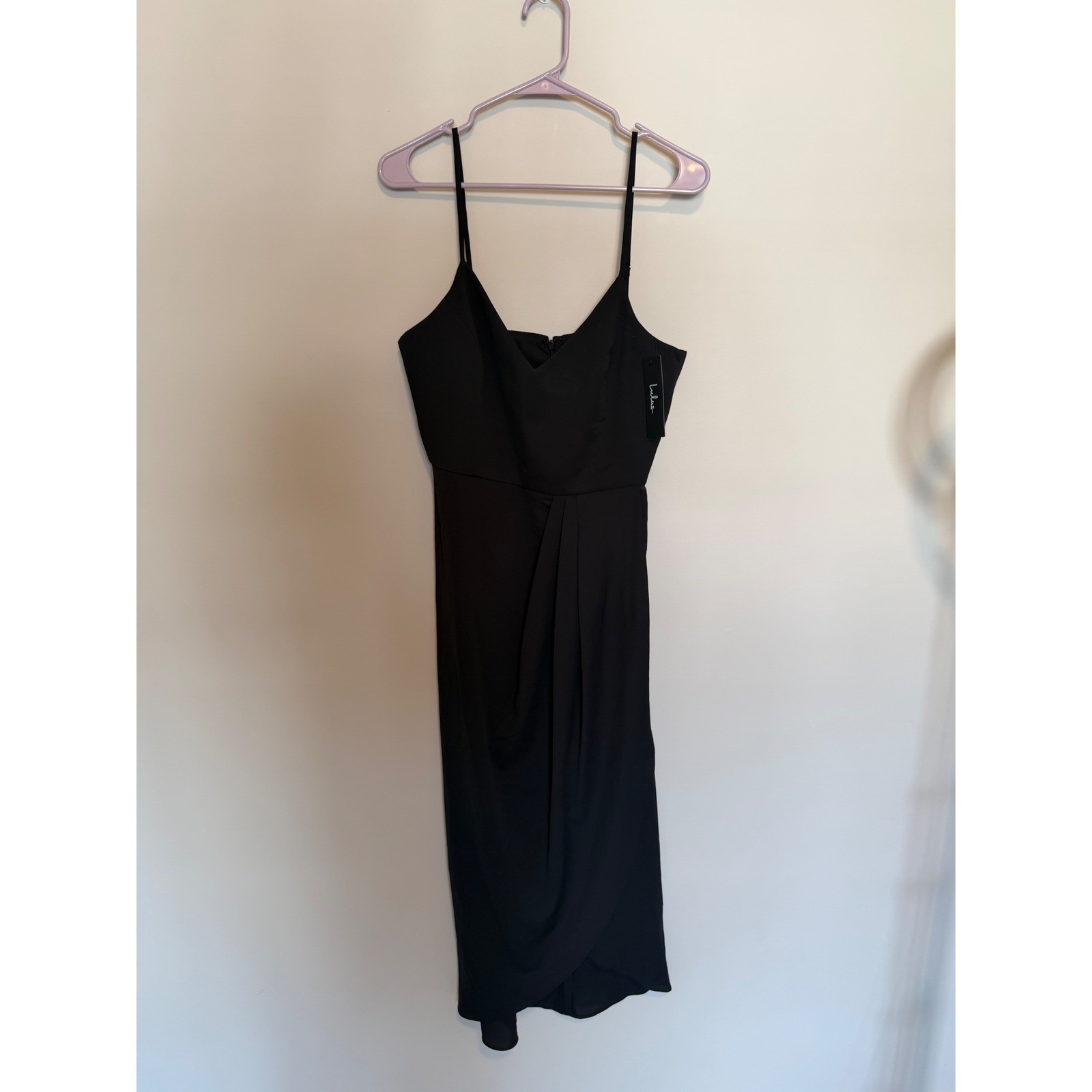 Lulus Black Midi Dress Tulip Wrap Skirt Adjustable Straps V-Neck Size L NWT