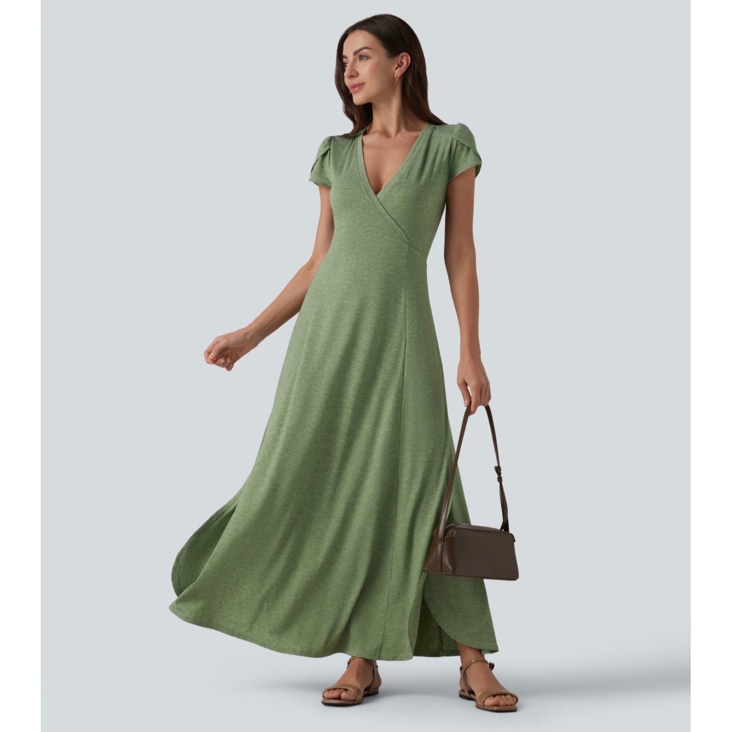 Halara Women Green V Neck Short Sleeve Flowy Maxi Casual Dress Size L Heathered