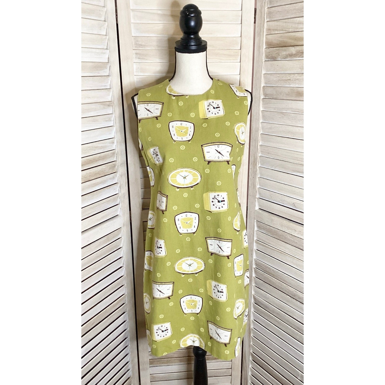 Vintage Retro Mod Atomic Clock Print Green Cotton Shift Mini Dress M Spain