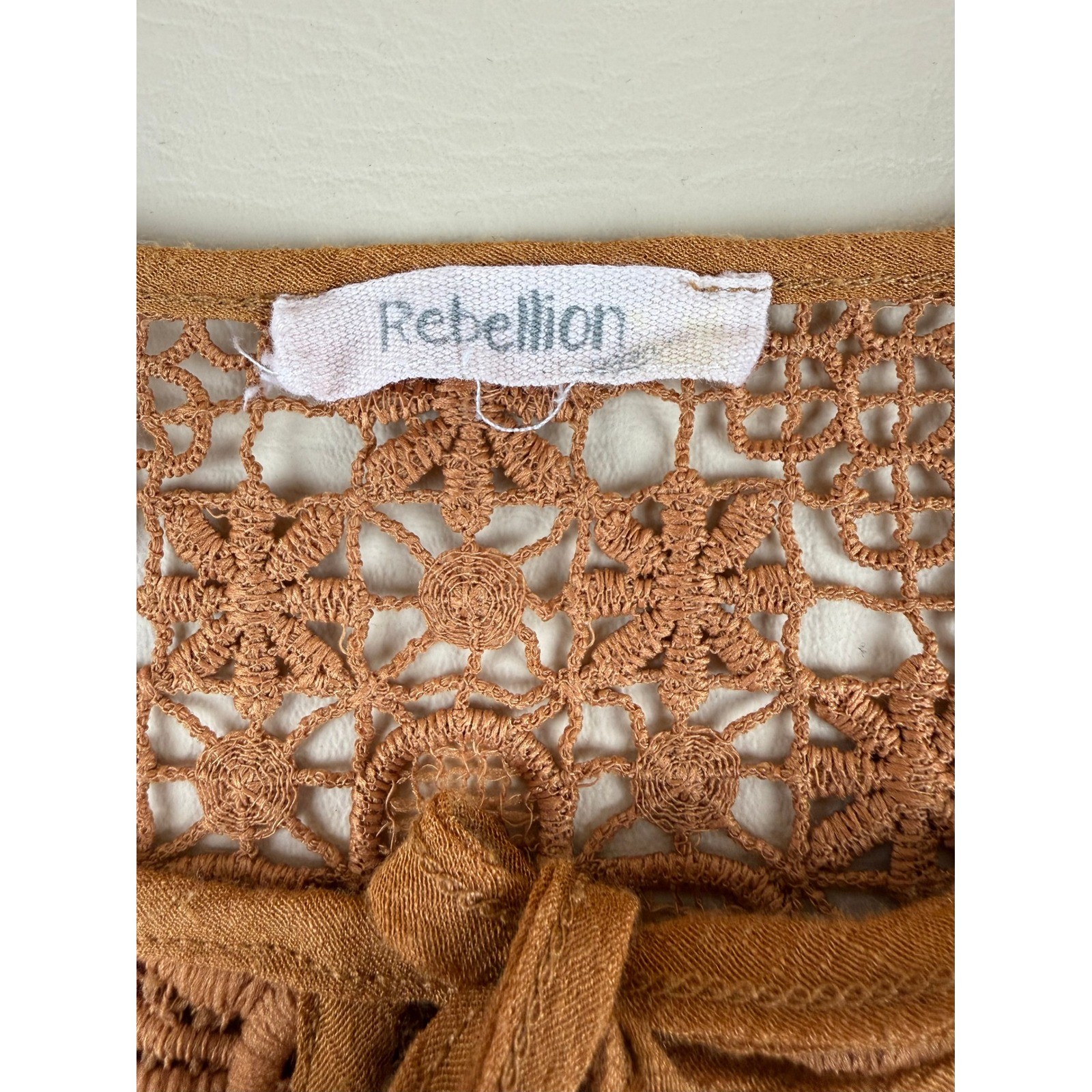 Rebellion Small Dress Boho Crochet Lace Rust Brown Rayon Blend Floral Yoke