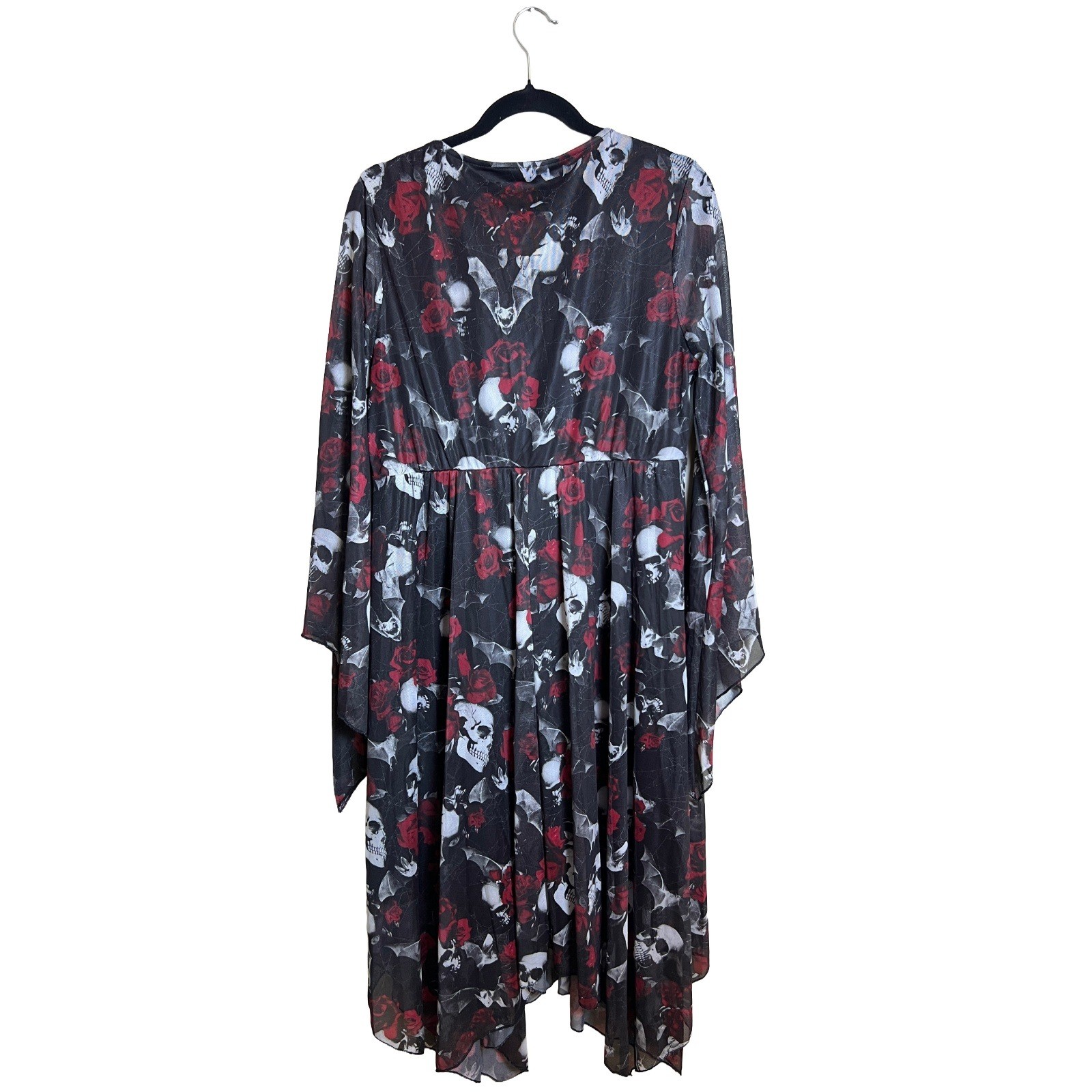 BloomChic Skull Rose Bat Print Mesh Handkerchief Hem Goth Dress Womens 10 Black