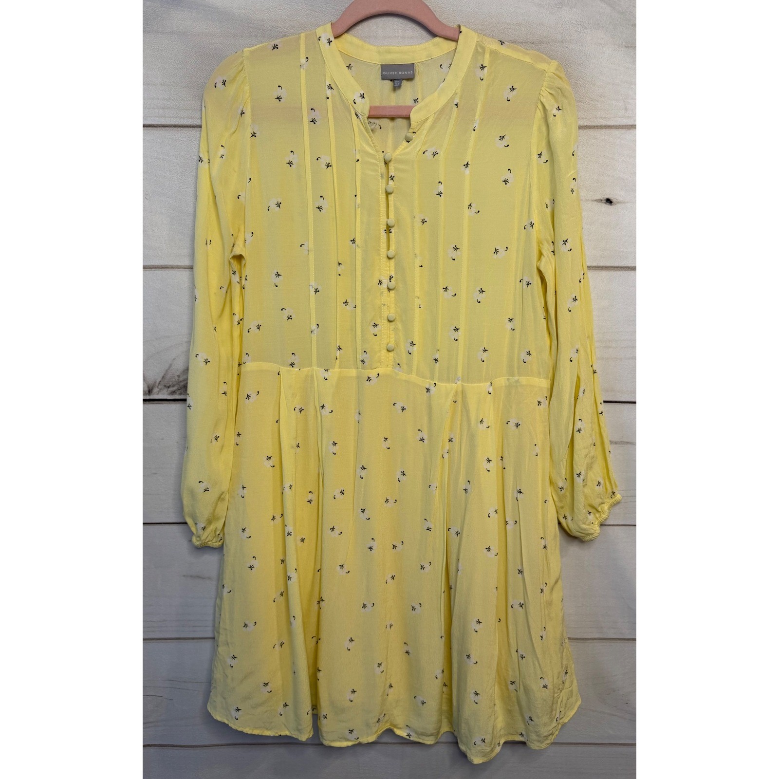 Oliver Bonas Yellow Floral Pintuck Long Sleeve Mini Dress US 8 UK 12 1335651