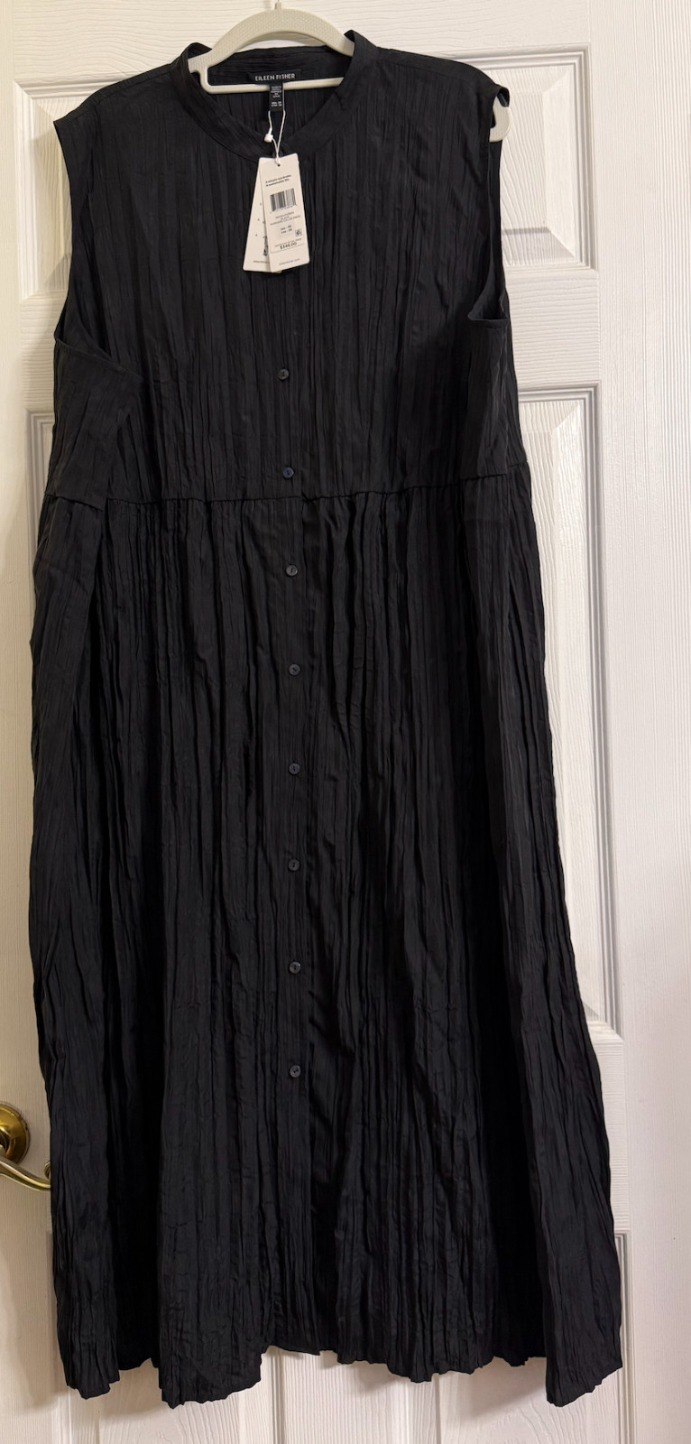 NWT $348 Eileen Fisher Black Crinkle Silk Habutal Mandarin Collar Dress 3X