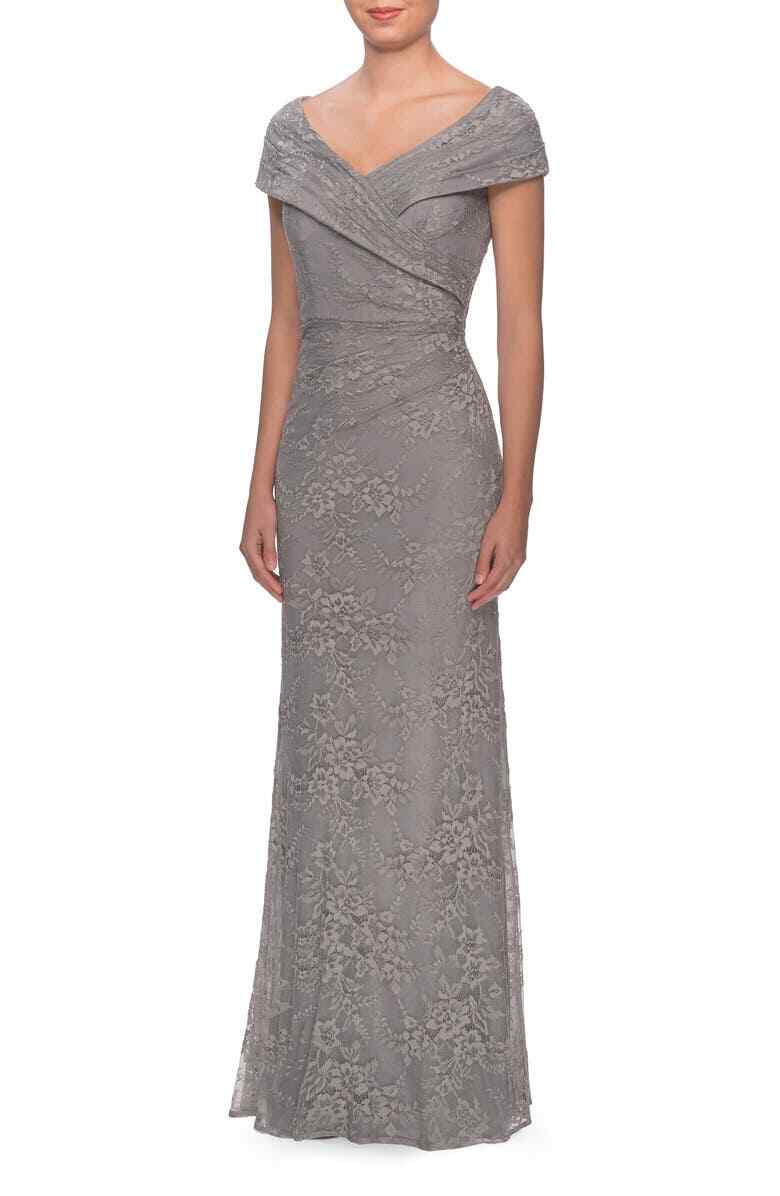 La Femme 27982 Portrait Neck Lace Gown SZ 8 ($439) Platinum